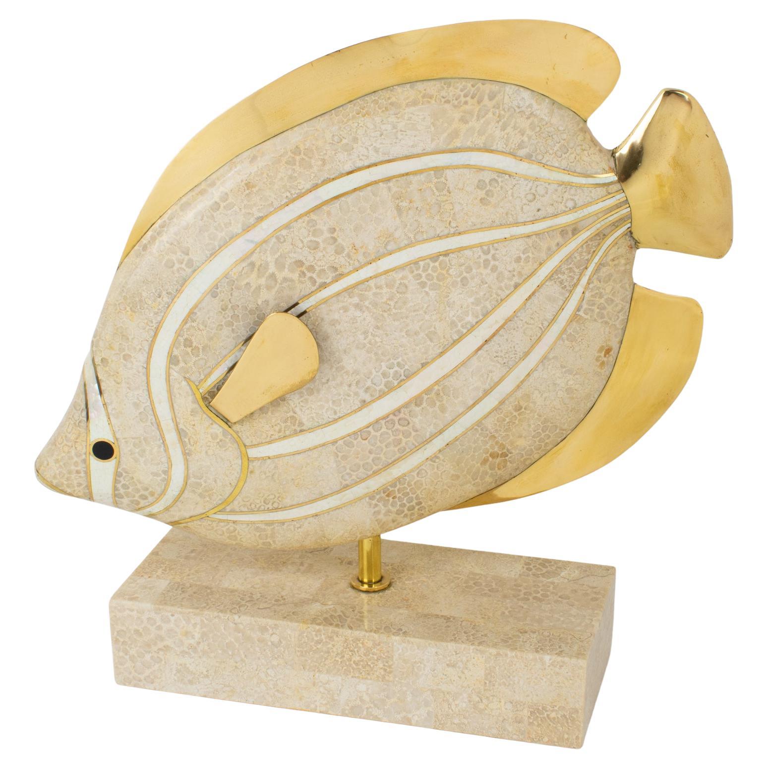 Maitland-Smith Tessellated Travertine, Marble and Brass Fish Sculpture