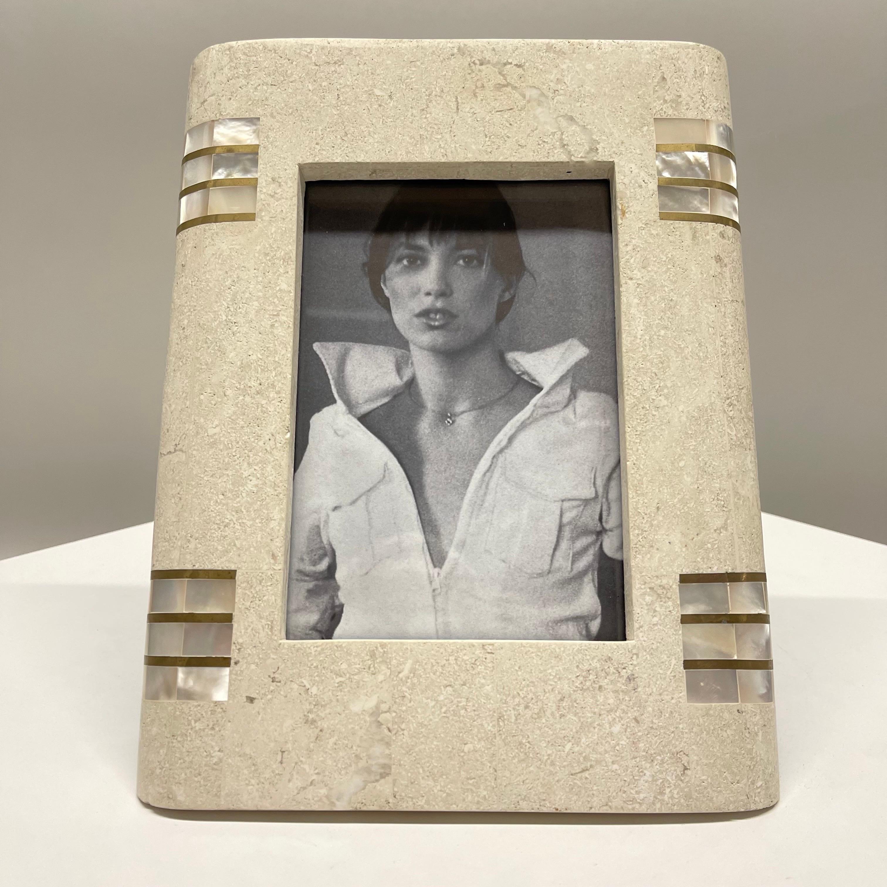 Cadre photo ou cadre photo en laiton travertin tessellé Maitland Smith, années 1990 1