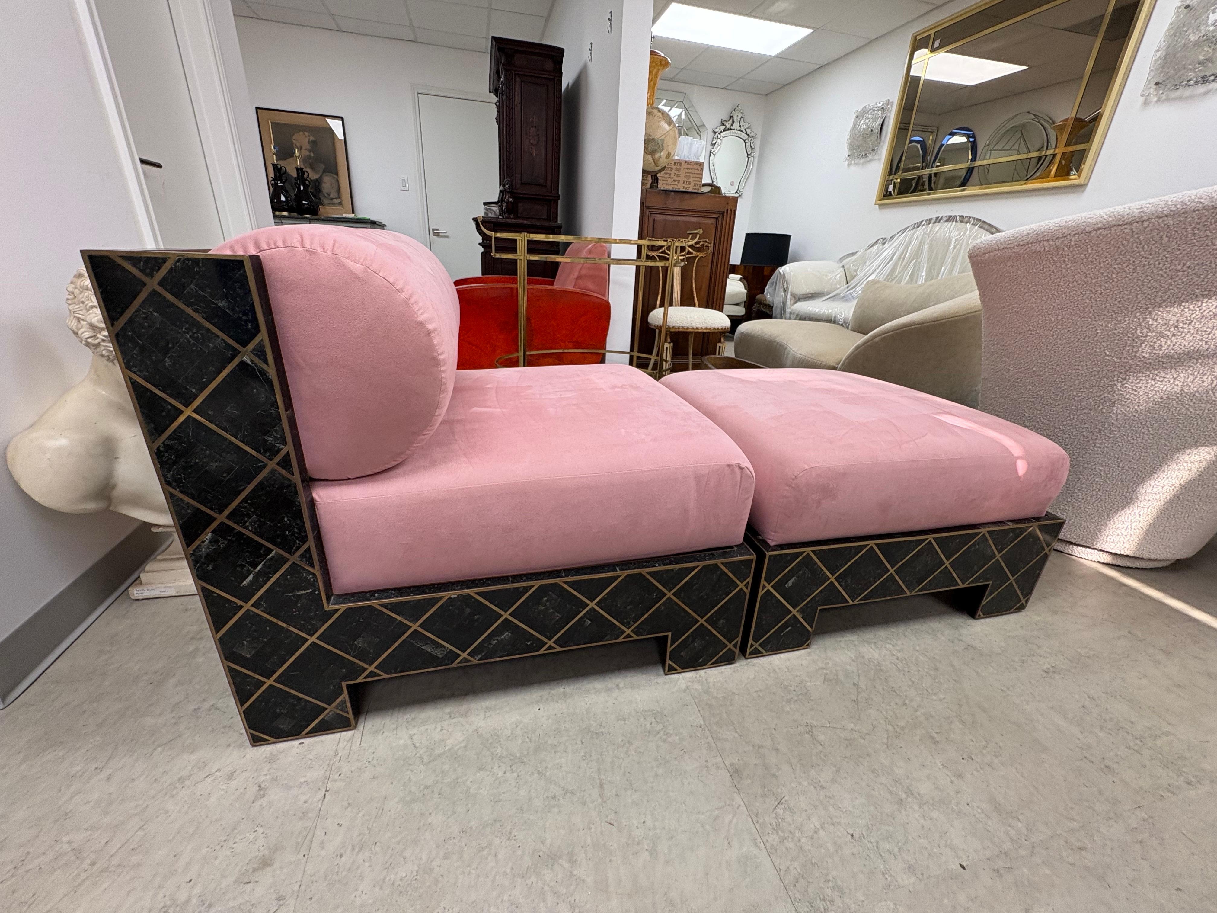 Post-Modern Maitland Smith Tesselleted Stone And Brass Chaise Longue For Sale