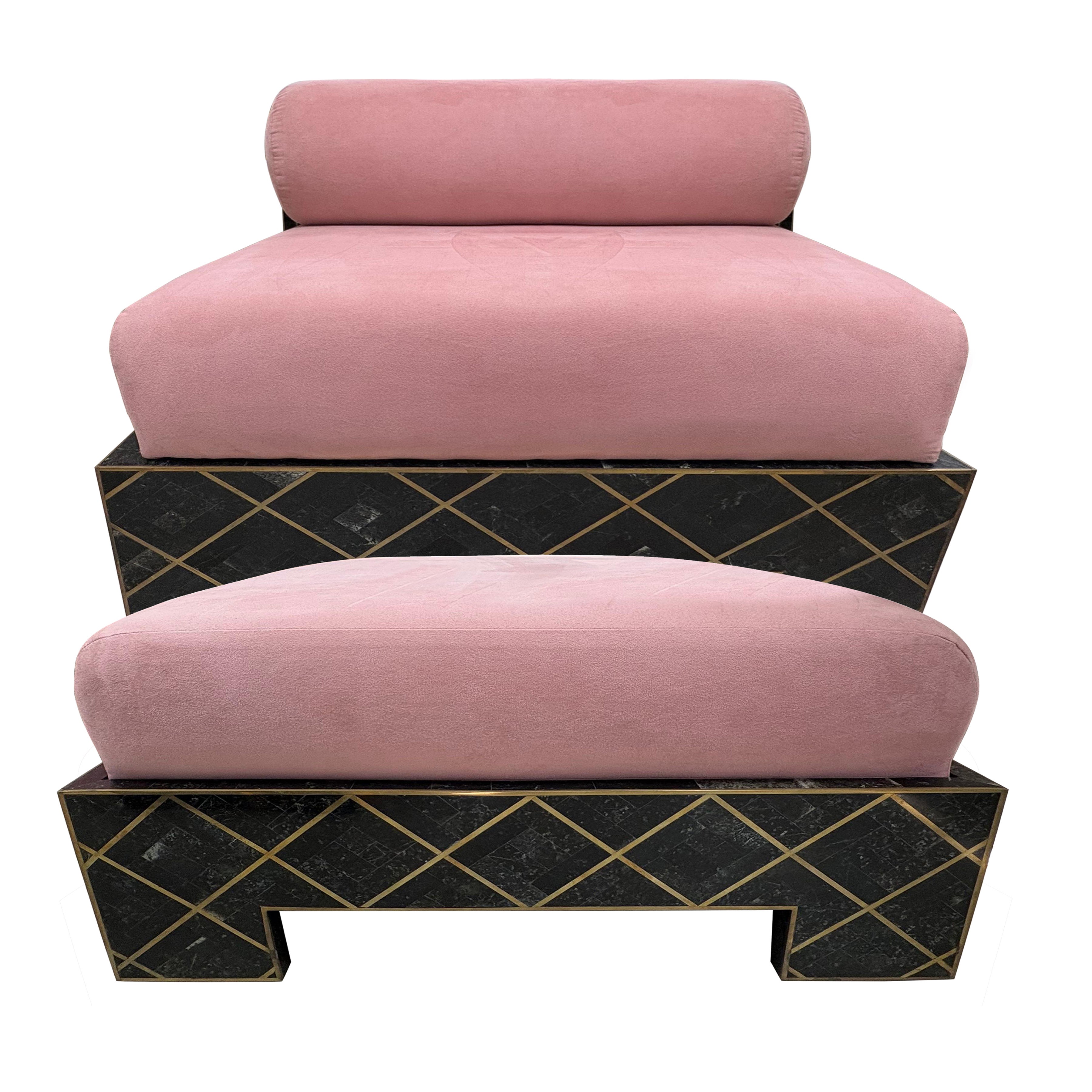 Philippine Maitland Smith Tesselleted Stone And Brass Chaise Longue For Sale