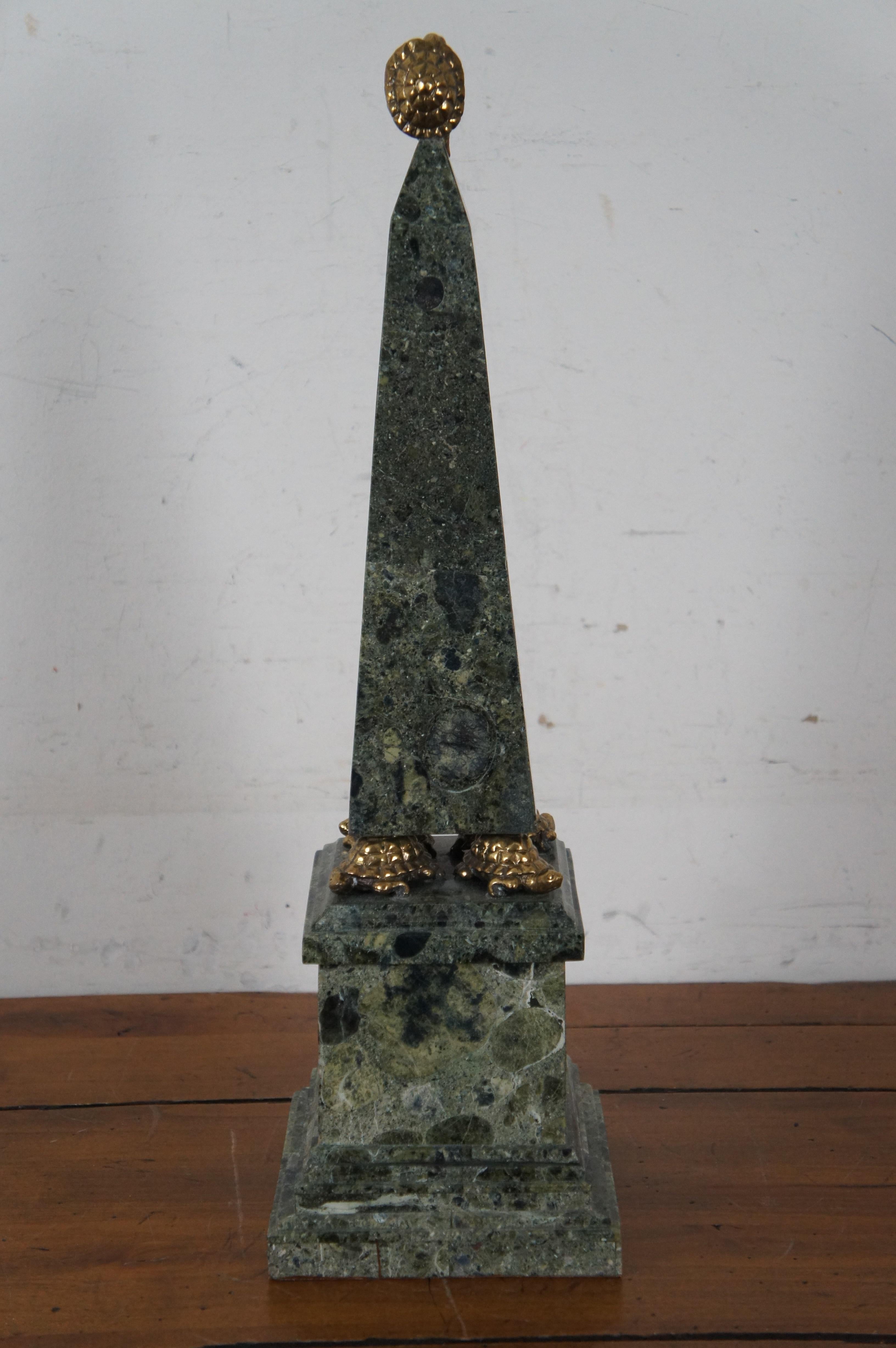 British Colonial Maitland Smith Tessilated Marble & Brass Turtle Thinker Obelisk Sculpture 20” For Sale