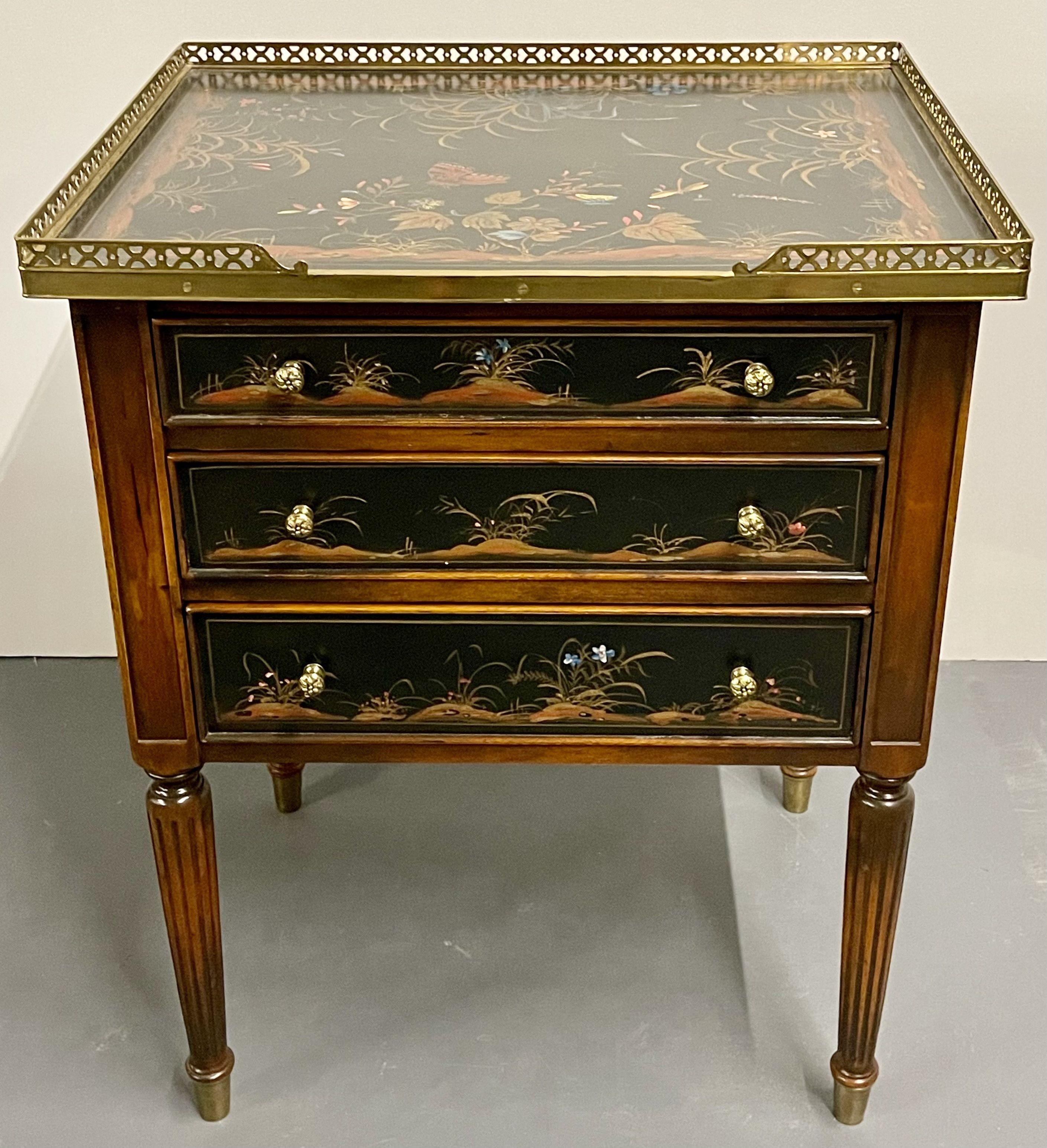 A three drawer chest, commode, nightstand or end table in the Chinoiserie Style. A wonderfully painted decorative chest with a bronze pierced gallery top on tapering reeded legs.