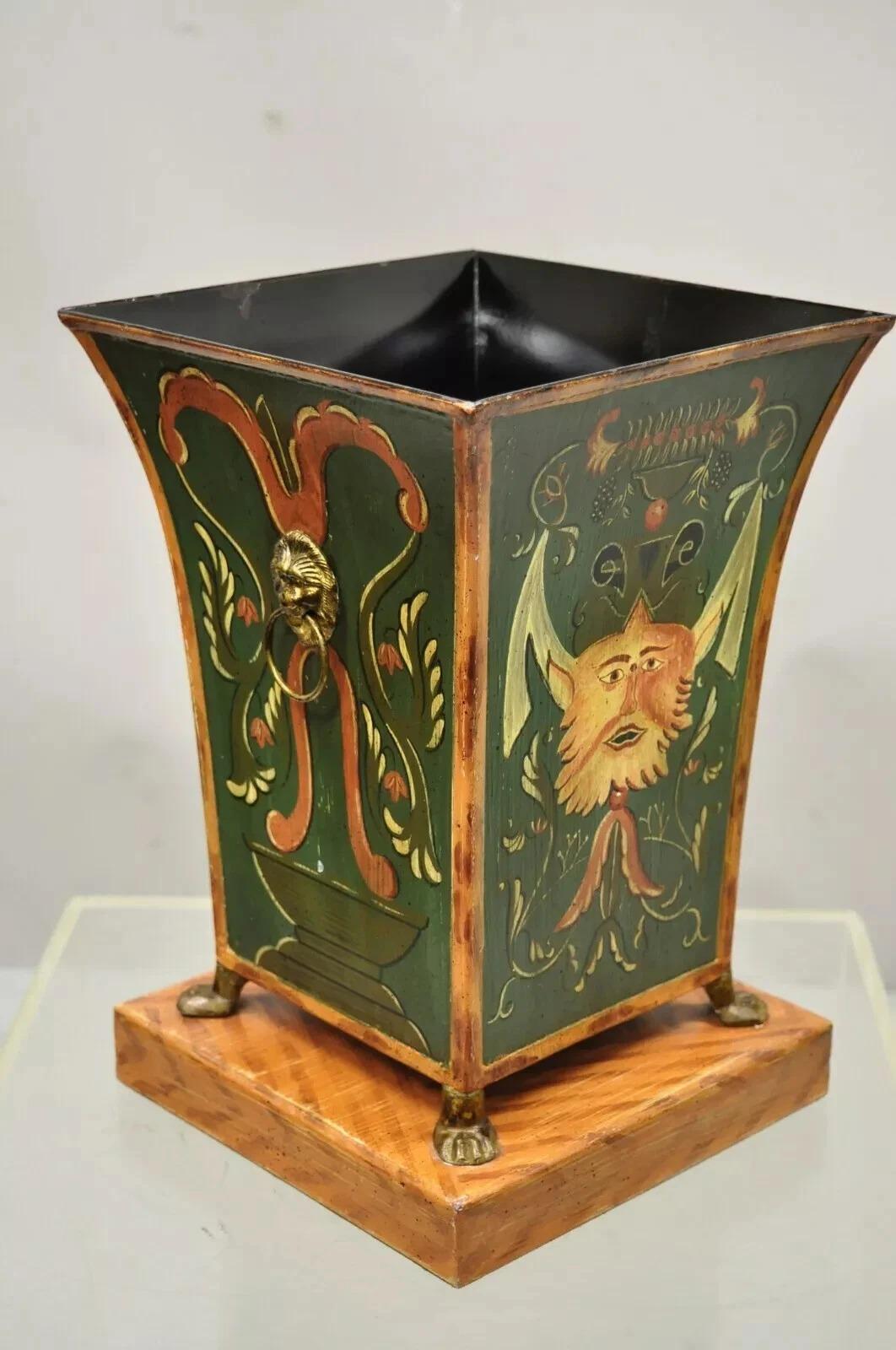 Maitland Smith Tole Metal Italian Green Orange Planter Pot Wastebasket Trashcan. Circa Late 20th Century. Measurements: 13