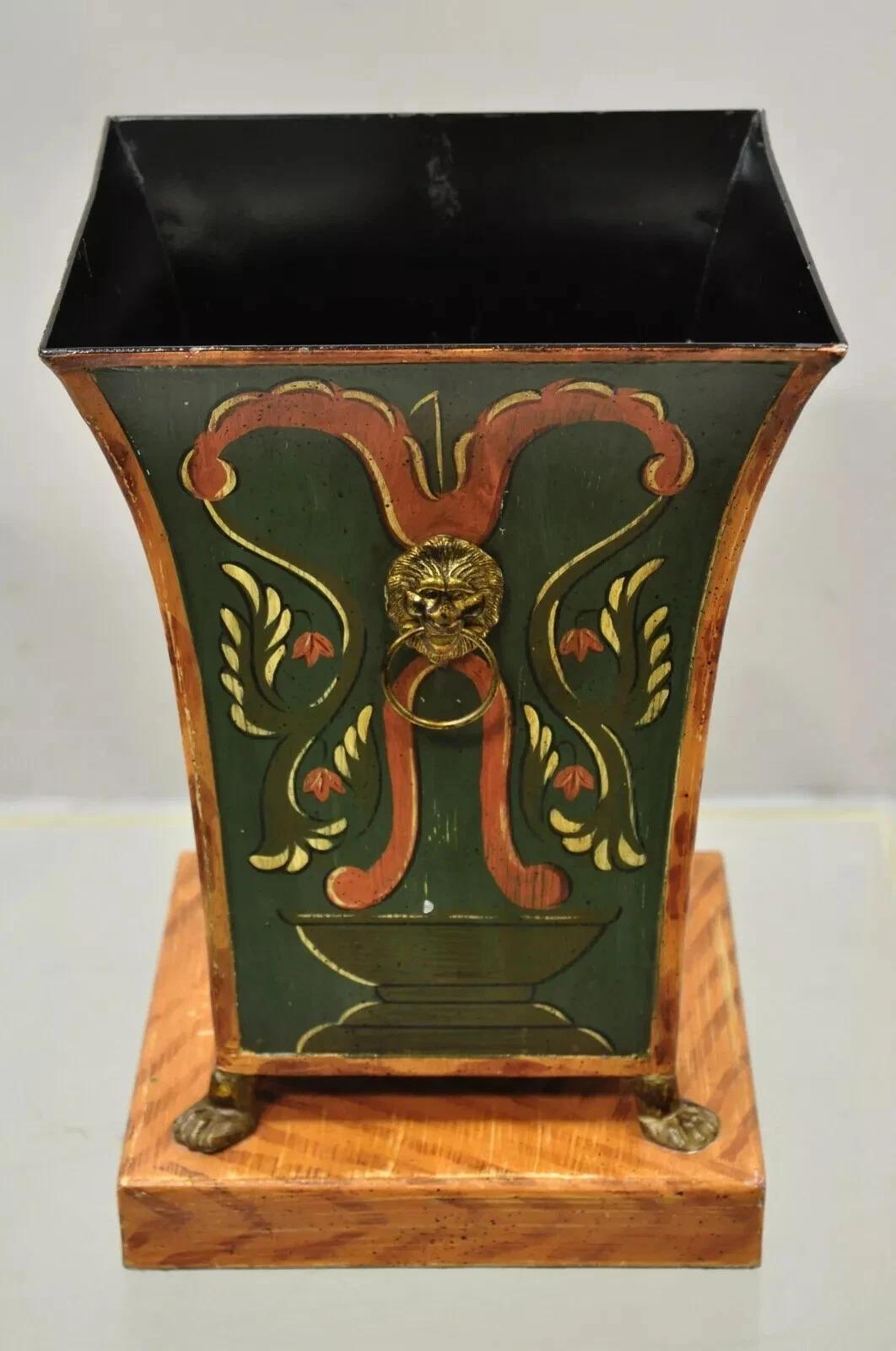 Unknown Maitland Smith Tole Metal Italian Green Orange Planter Pot Wastebasket Trashcan For Sale