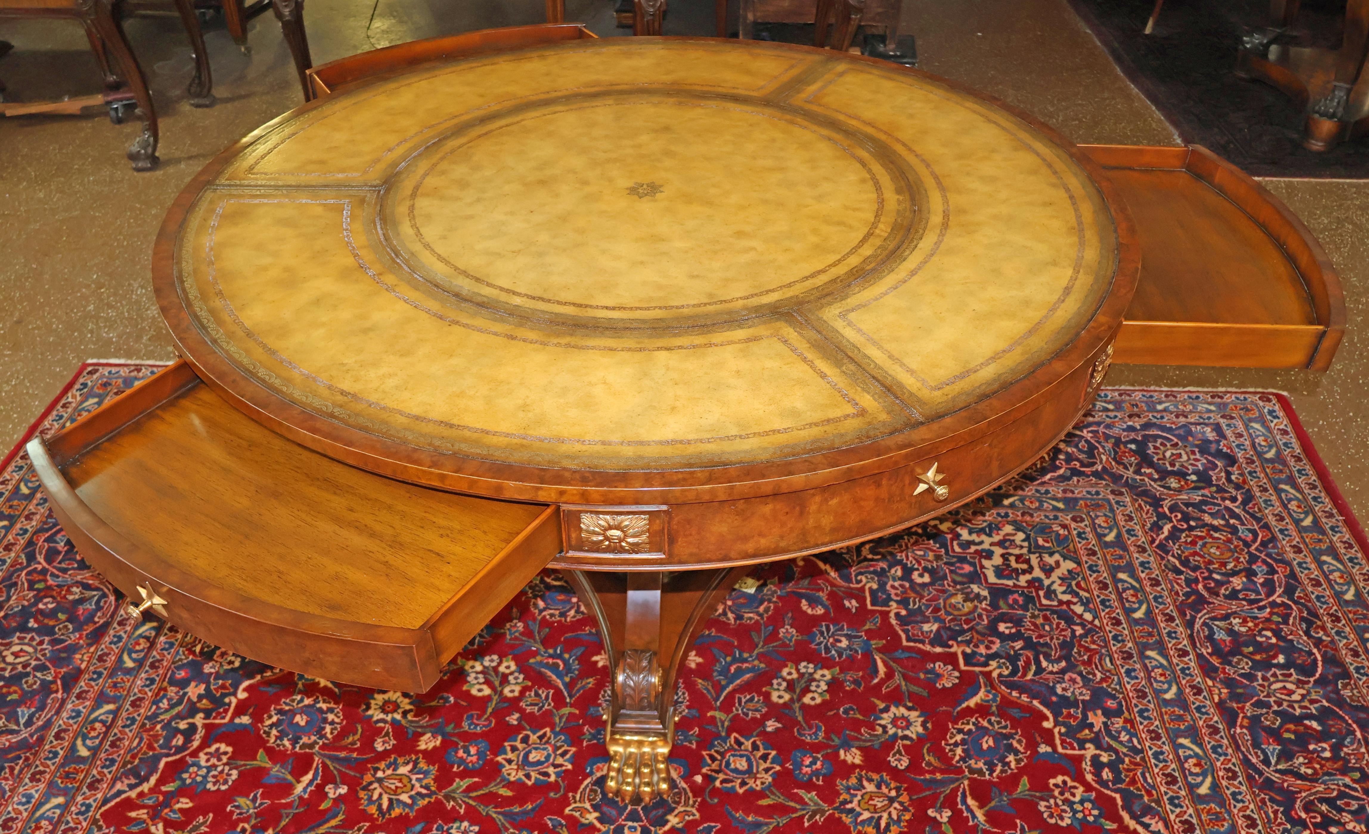​Maitland Smith Tooled Leather Burled Walnut Library Center Table 50