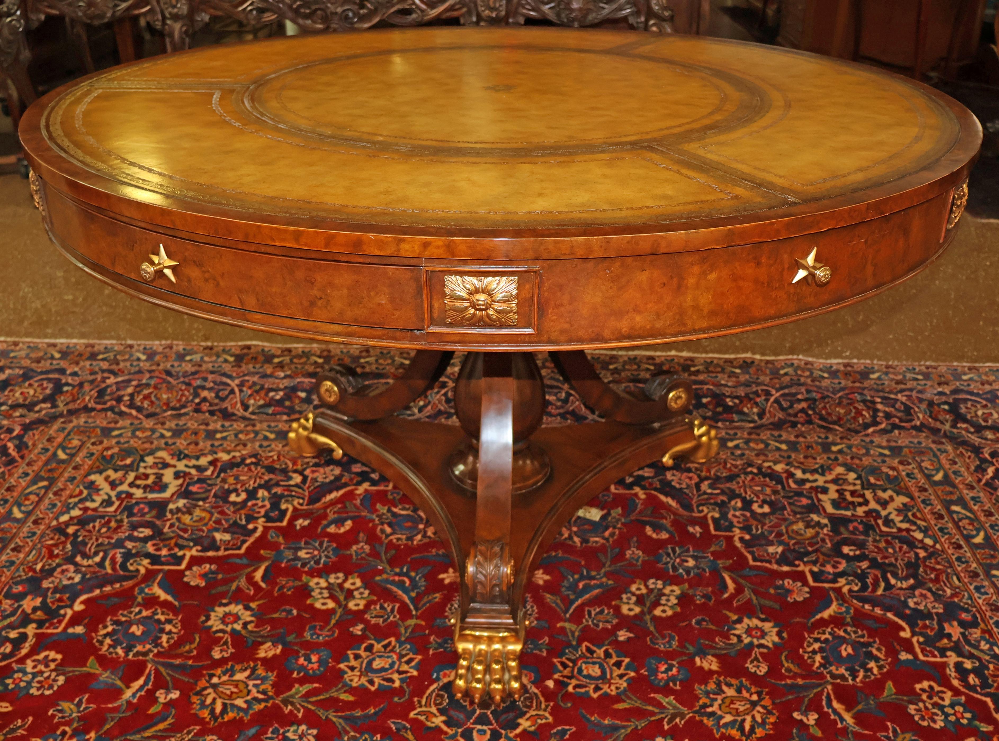 ​Maitland Smith Tooled Leather Burled Walnut Library Center Table 50