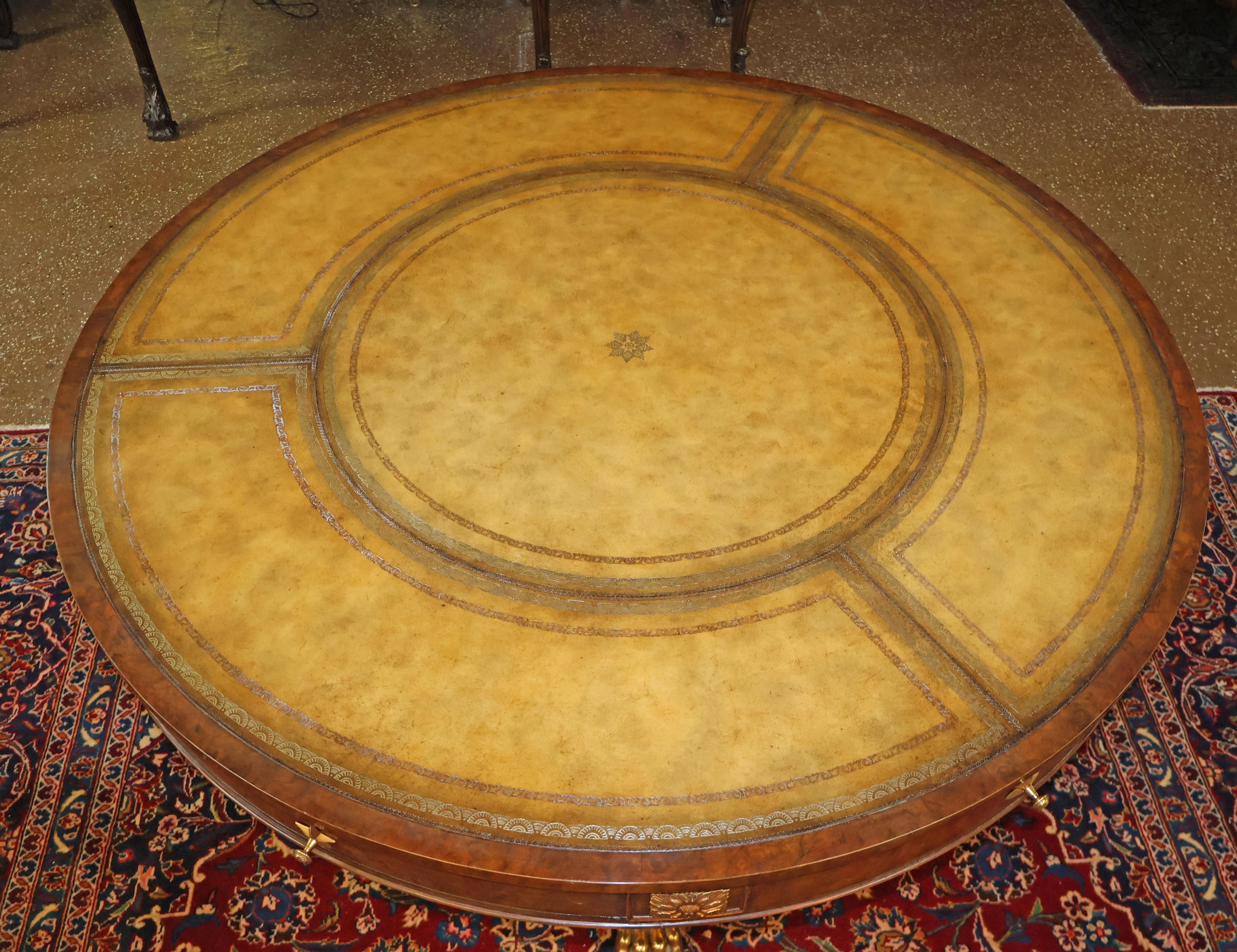 ​Maitland Smith Tooled Leather Burled Walnut Library Center Table 50