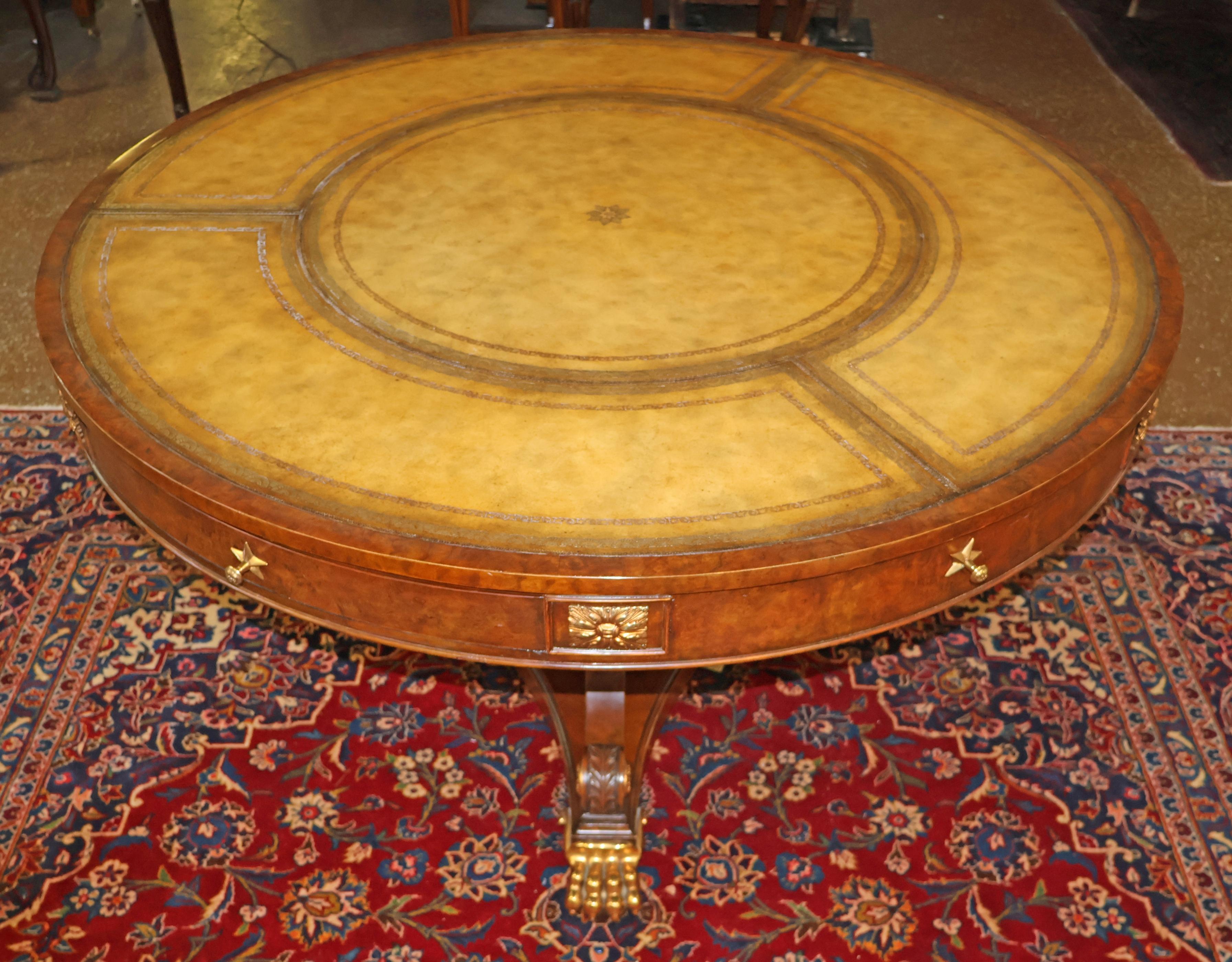 ​Maitland Smith Tooled Leather Burled Walnut Library Center Table 50