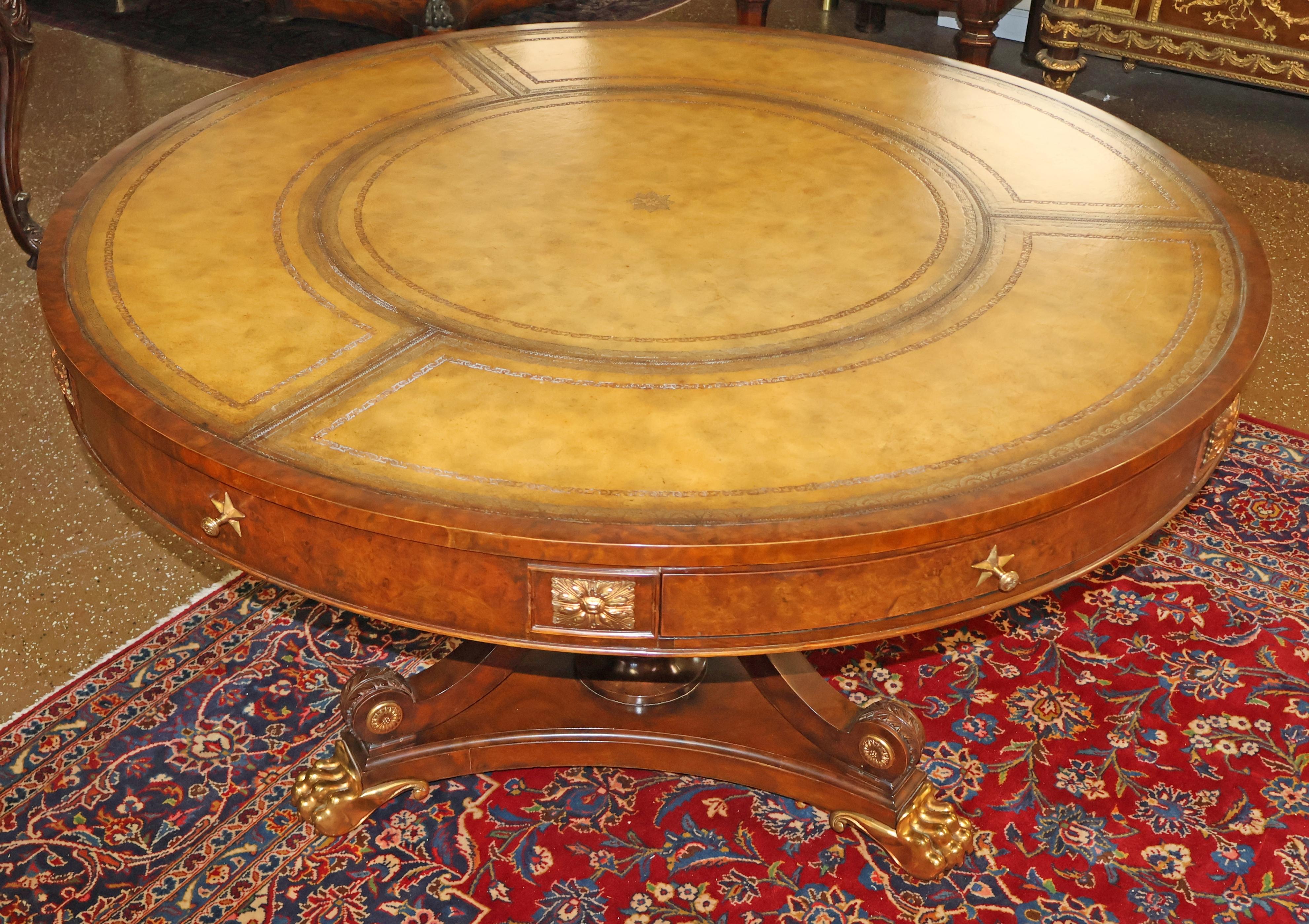 Empire ​Maitland Smith Tooled Leather Burled Walnut Library Center Table 50