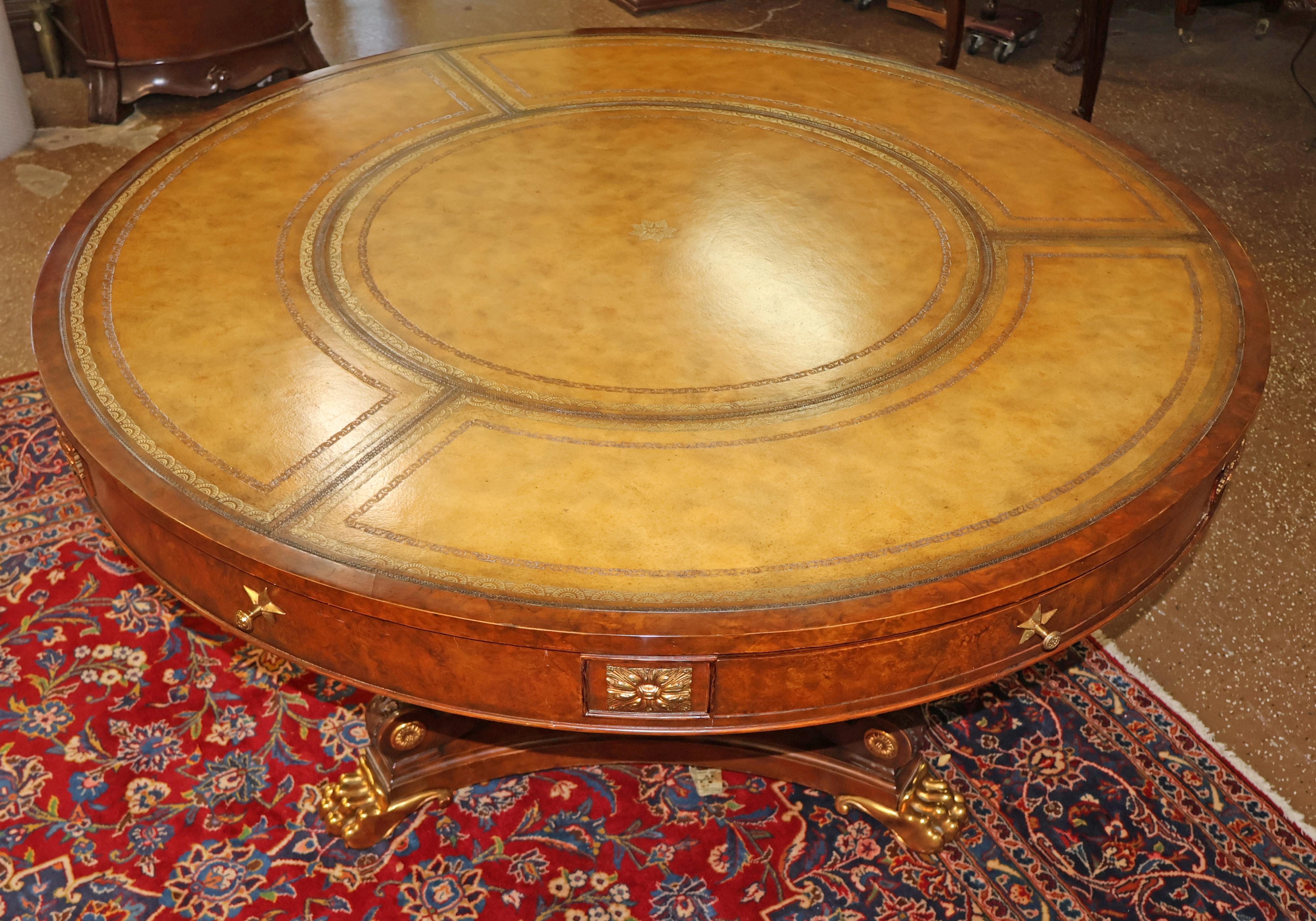 Philippine ​Maitland Smith Tooled Leather Burled Walnut Library Center Table 50