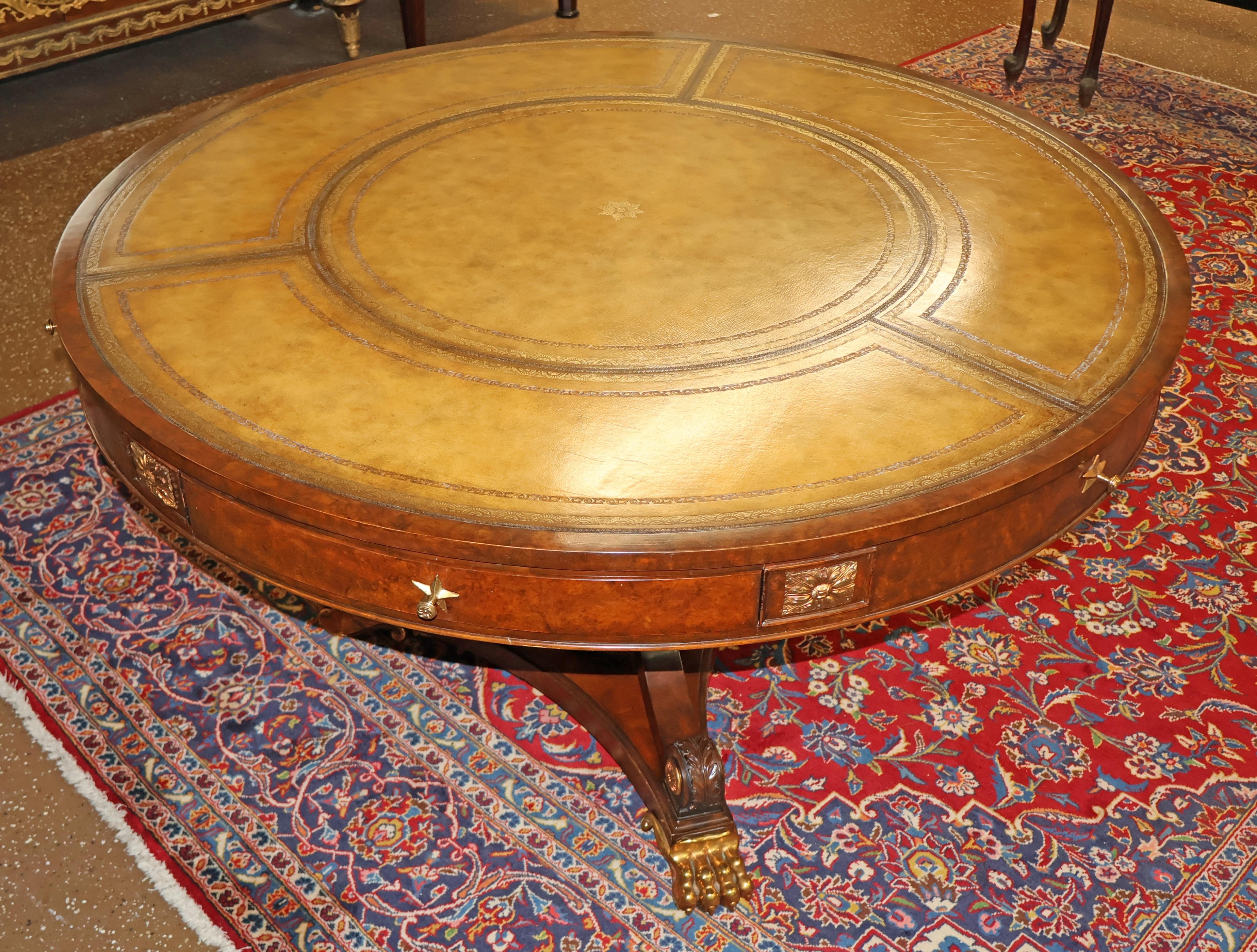 ​Maitland Smith Tooled Leather Burled Walnut Library Center Table 50