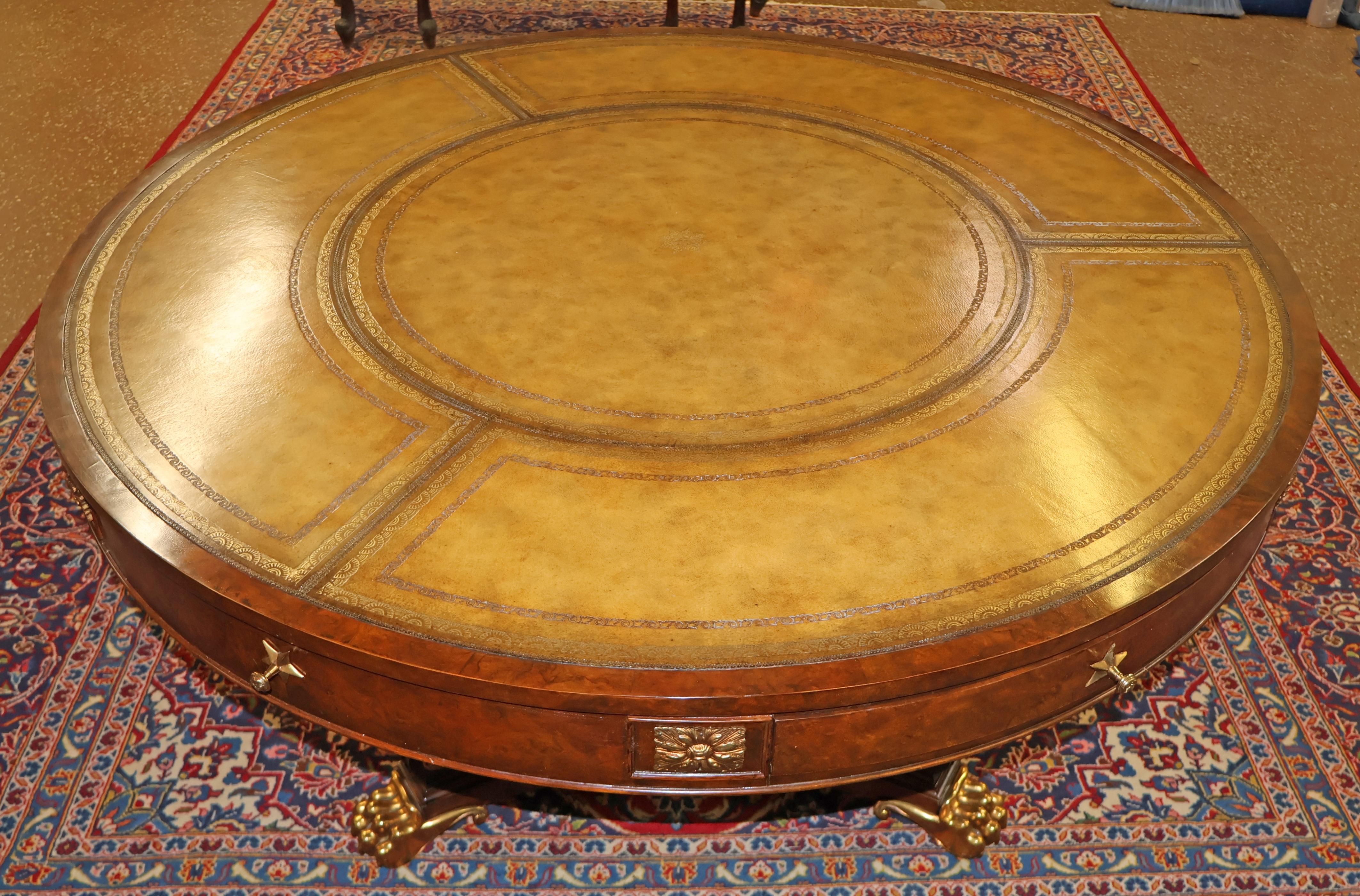 Contemporary ​Maitland Smith Tooled Leather Burled Walnut Library Center Table 50