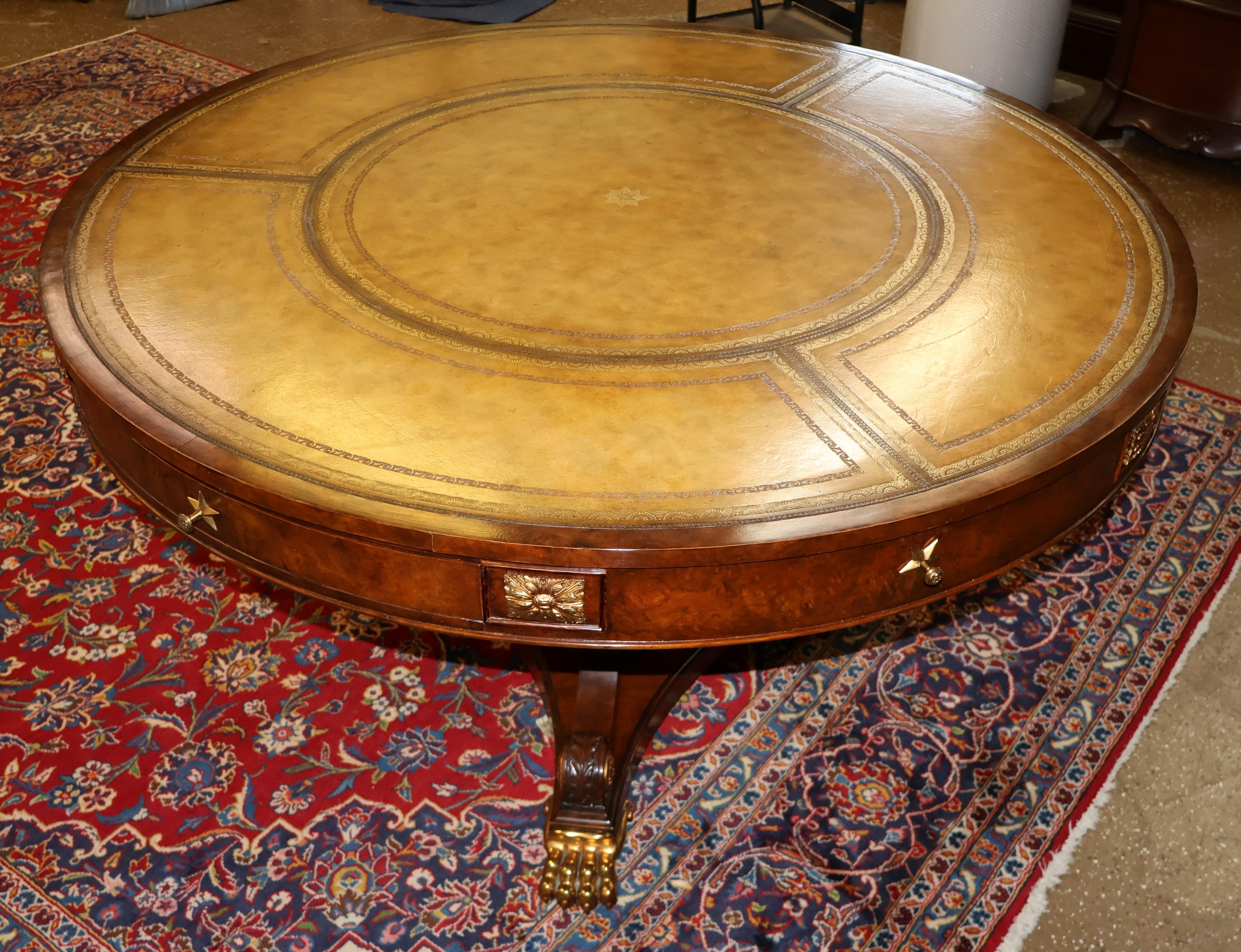 ​Maitland Smith Tooled Leather Burled Walnut Library Center Table 50