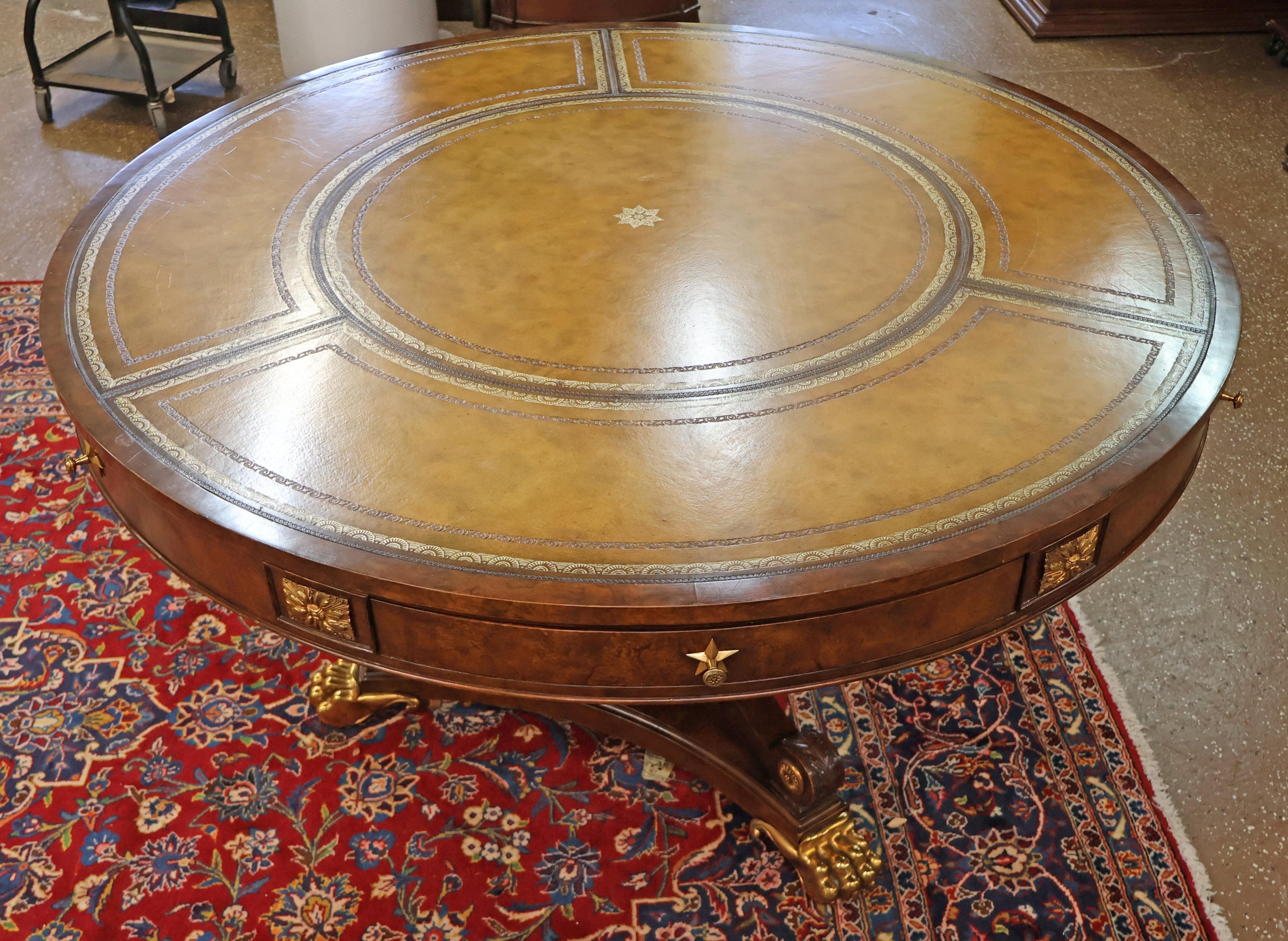 ​Maitland Smith Tooled Leather Burled Walnut Library Center Table 50