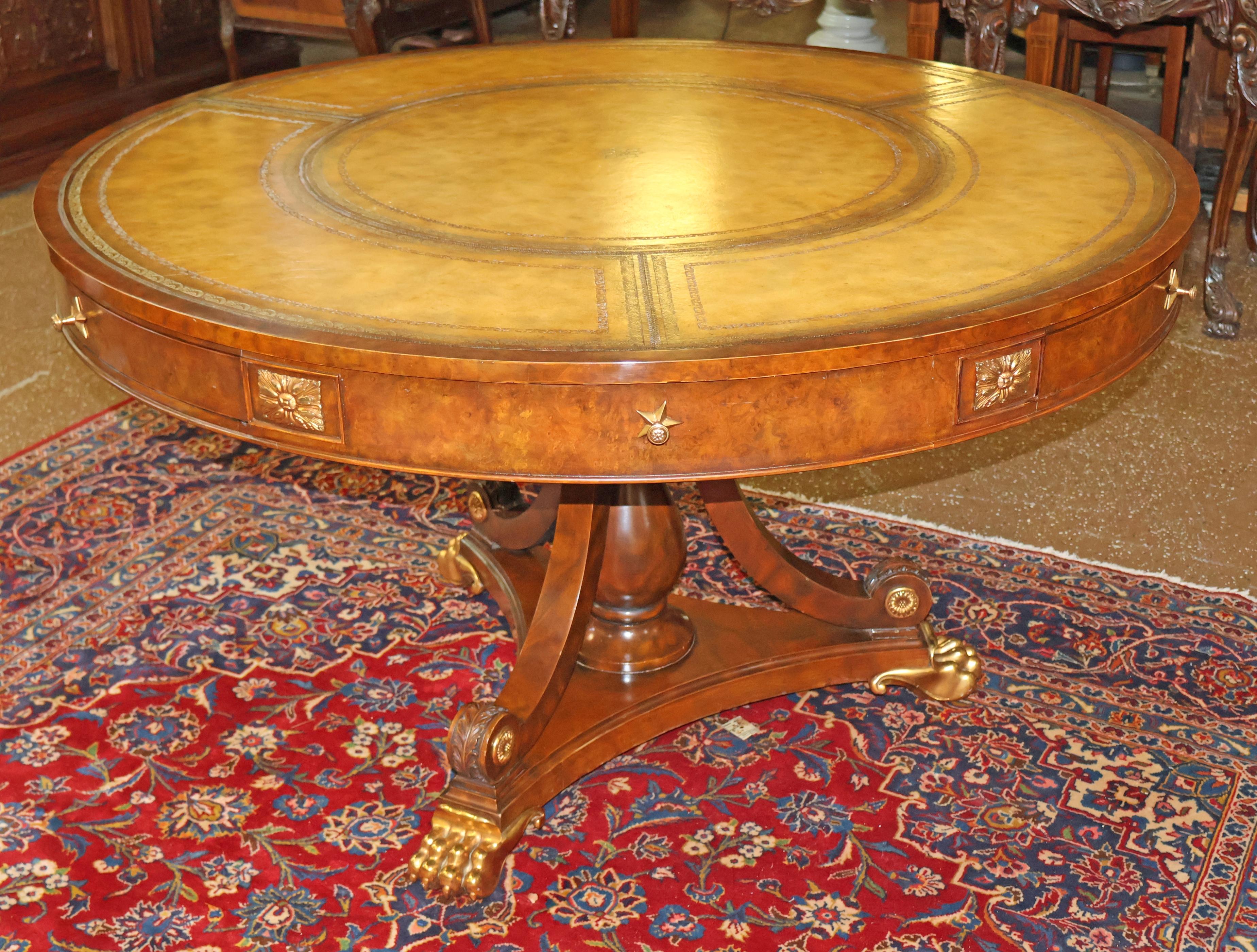​Maitland Smith Tooled Leather Burled Walnut Library Center Table 50