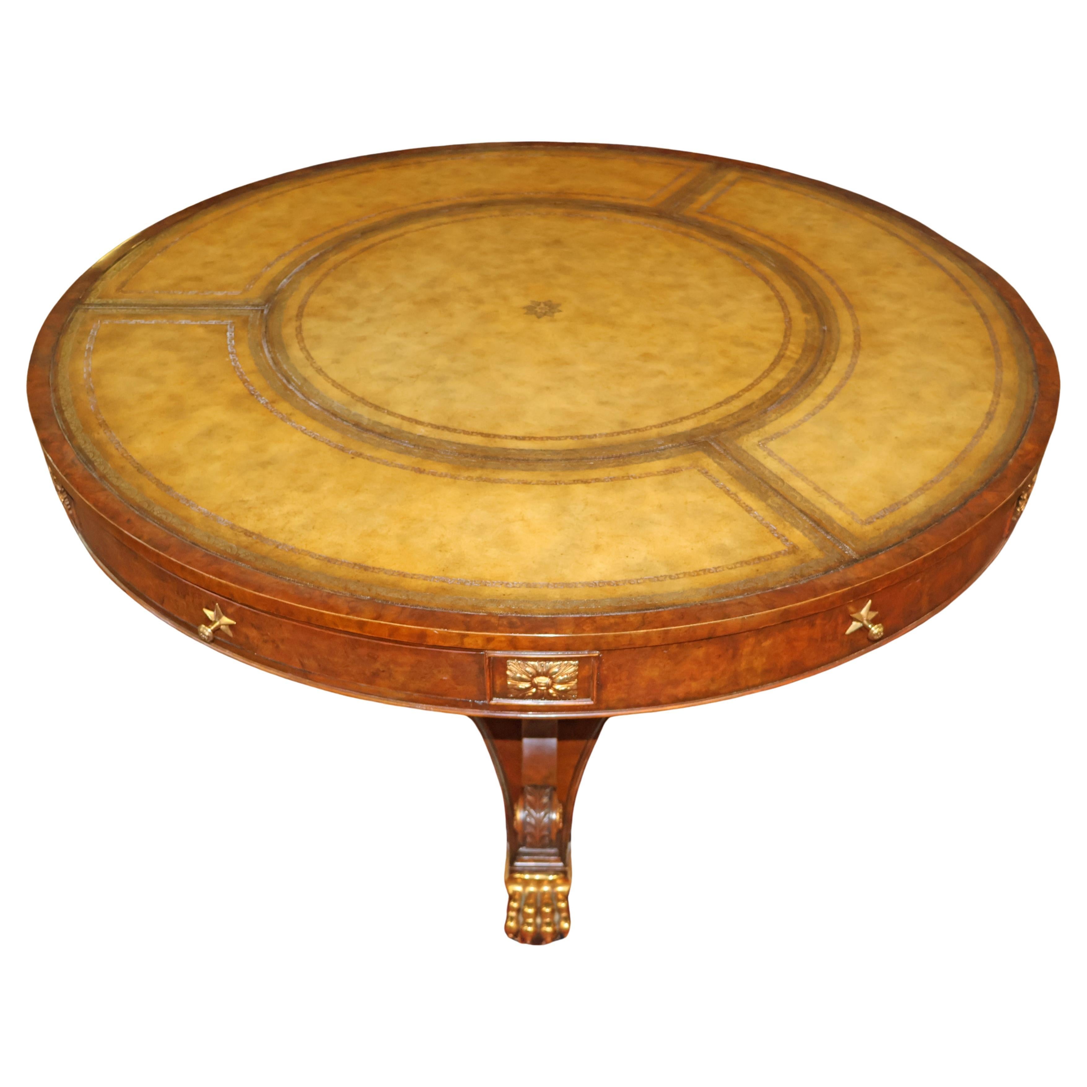​Maitland Smith Tooled Leather Burled Walnut Library Center Table 50" Round For Sale