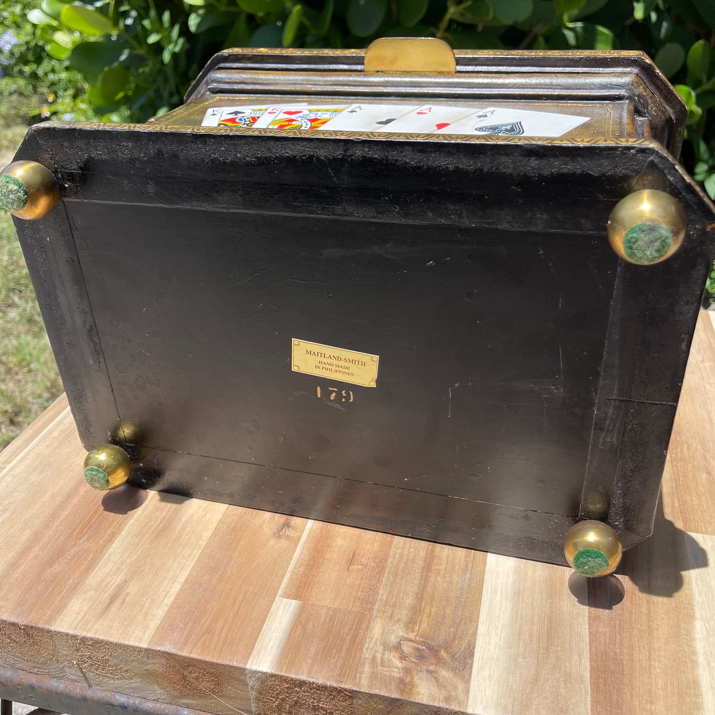 Maitland Smith Tooled Leather Hand Painted Poker Themed Box with Brass Accents For Sale 7