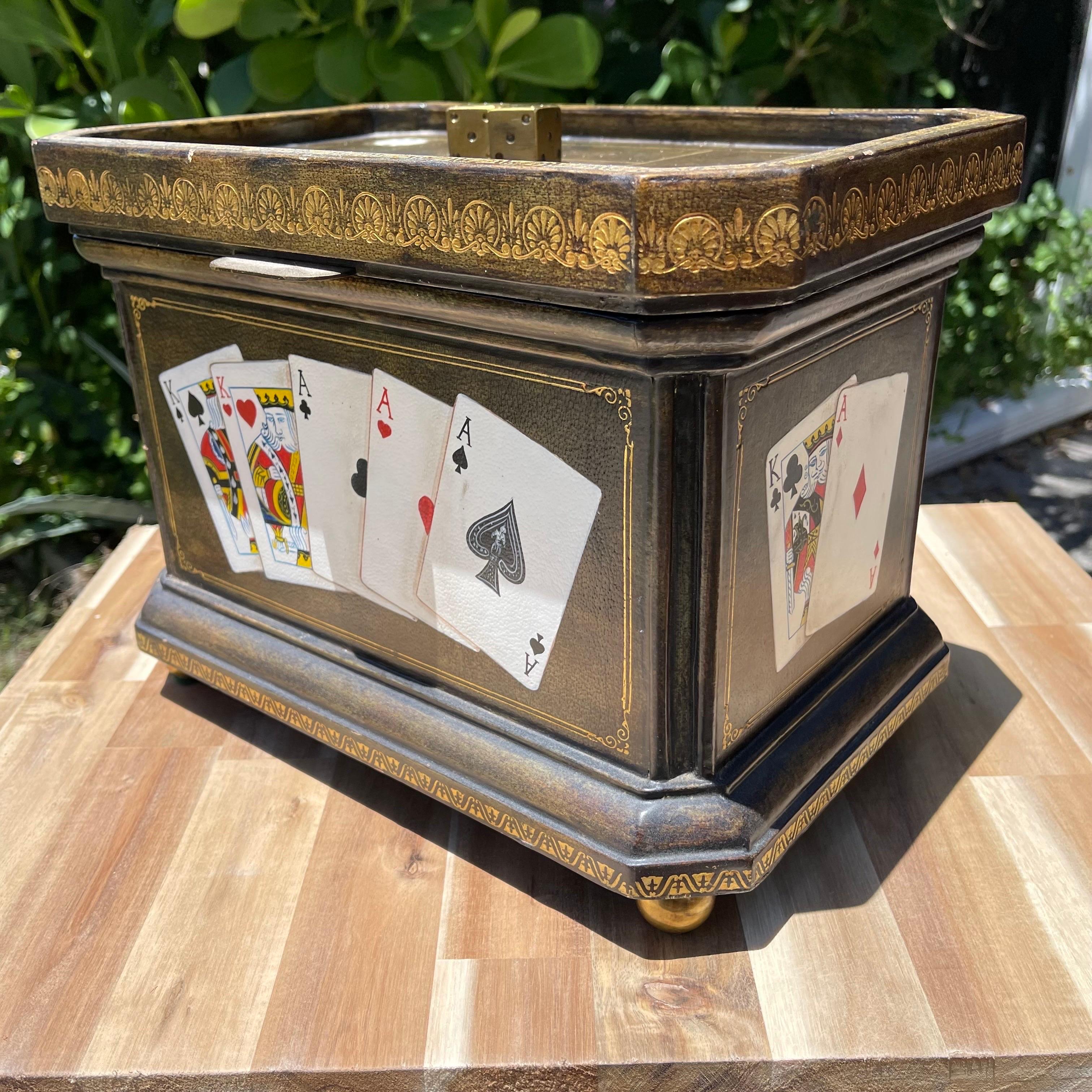 Whimsical, handmade, hand-painted fooled leather box. Brass accents including brass ball feet and solid brass dice pull on top.