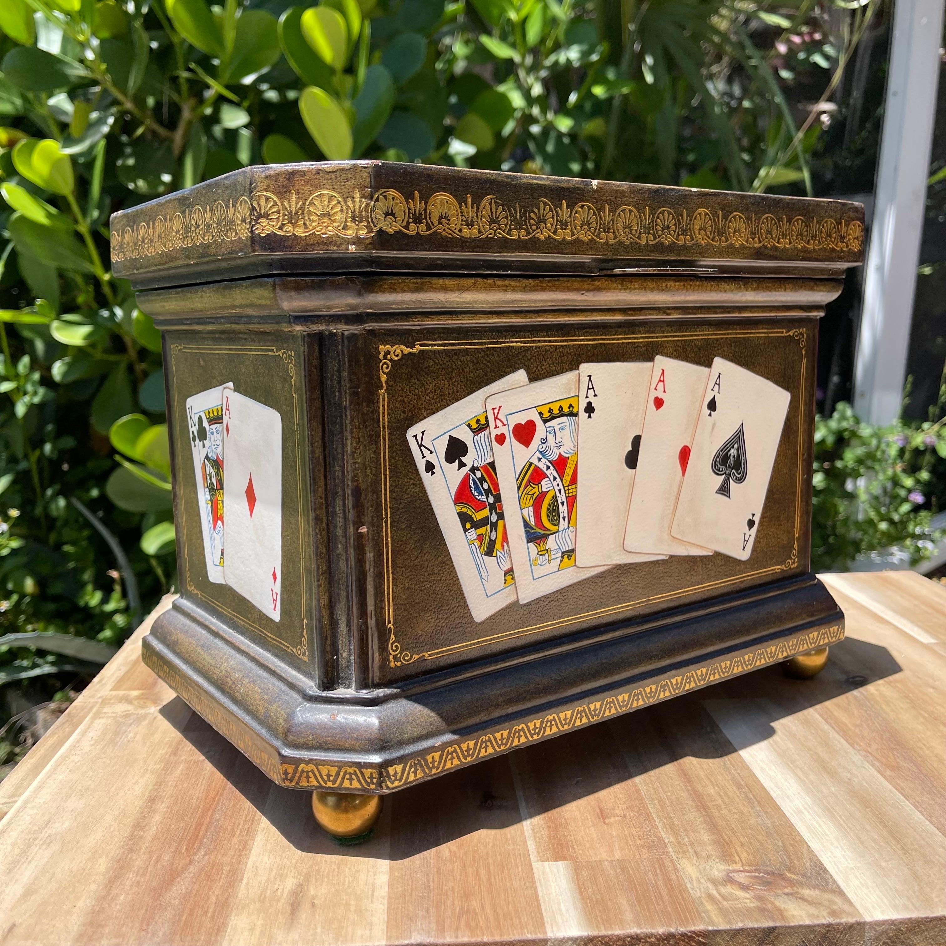 Maitland Smith Tooled Leather Hand Painted Poker Themed Box with Brass Accents In Good Condition For Sale In Jensen Beach, FL