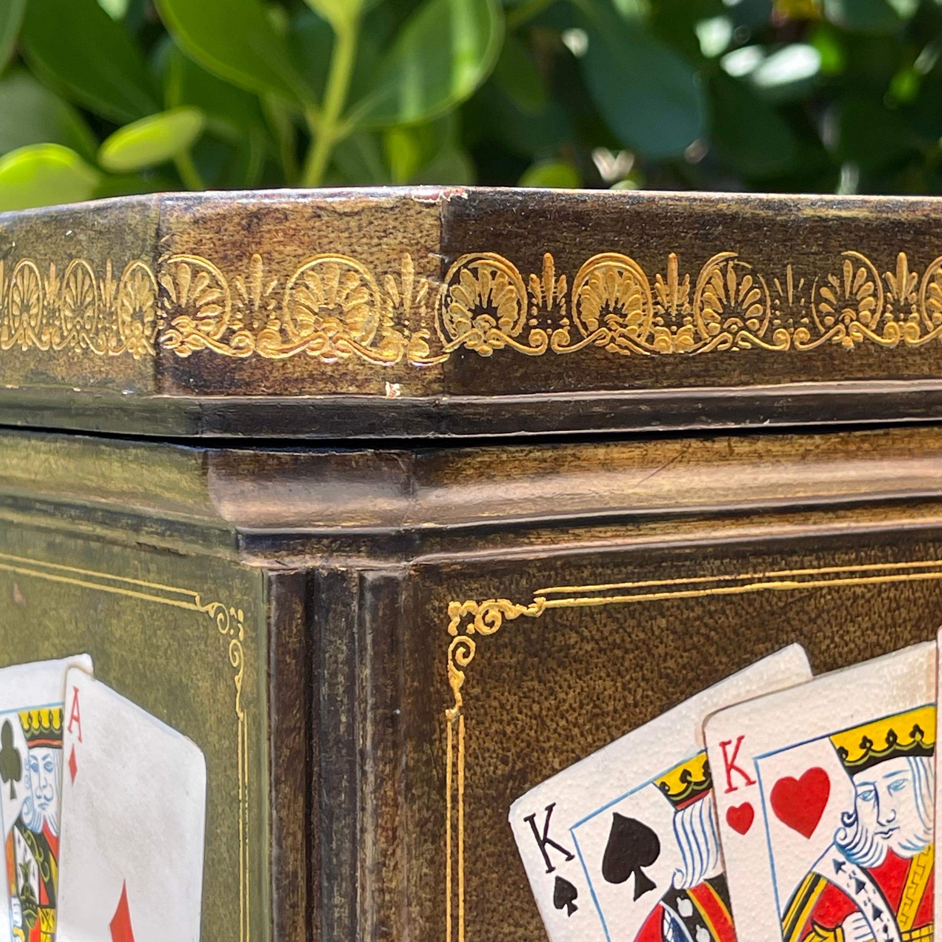 20th Century Maitland Smith Tooled Leather Hand Painted Poker Themed Box with Brass Accents For Sale