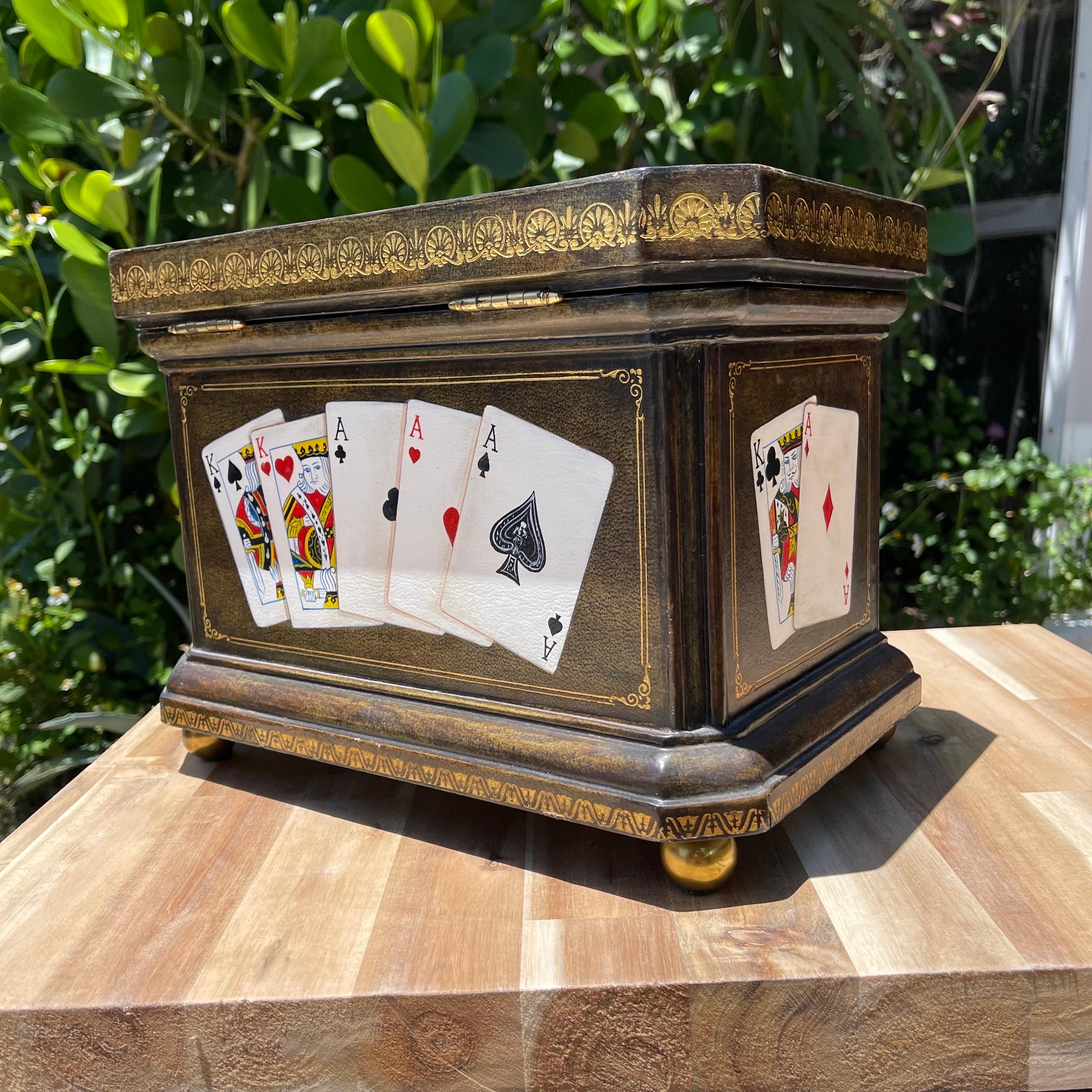 Maitland Smith Tooled Leather Hand Painted Poker Themed Box with Brass Accents For Sale 2