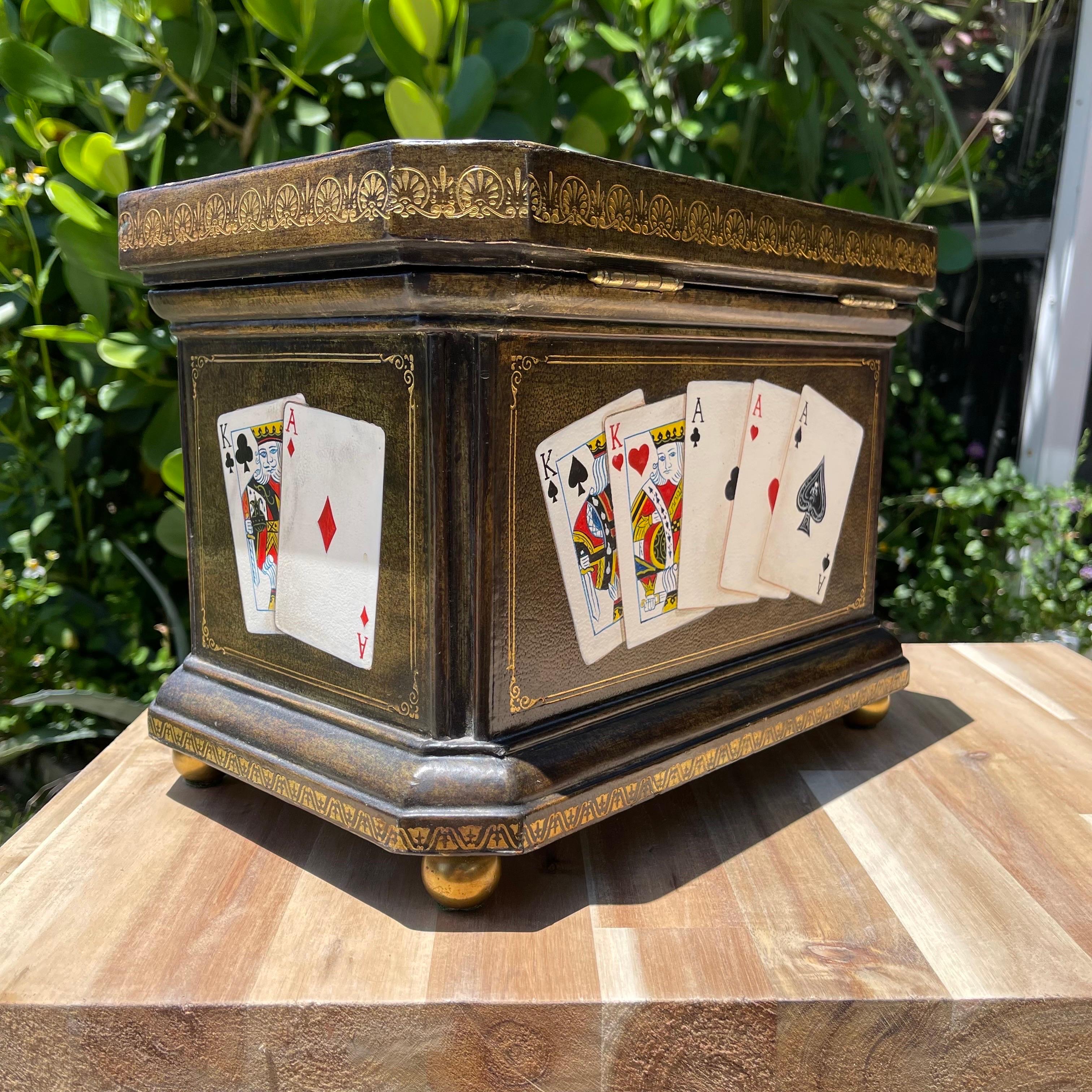 Maitland Smith Tooled Leather Hand Painted Poker Themed Box with Brass Accents For Sale 3