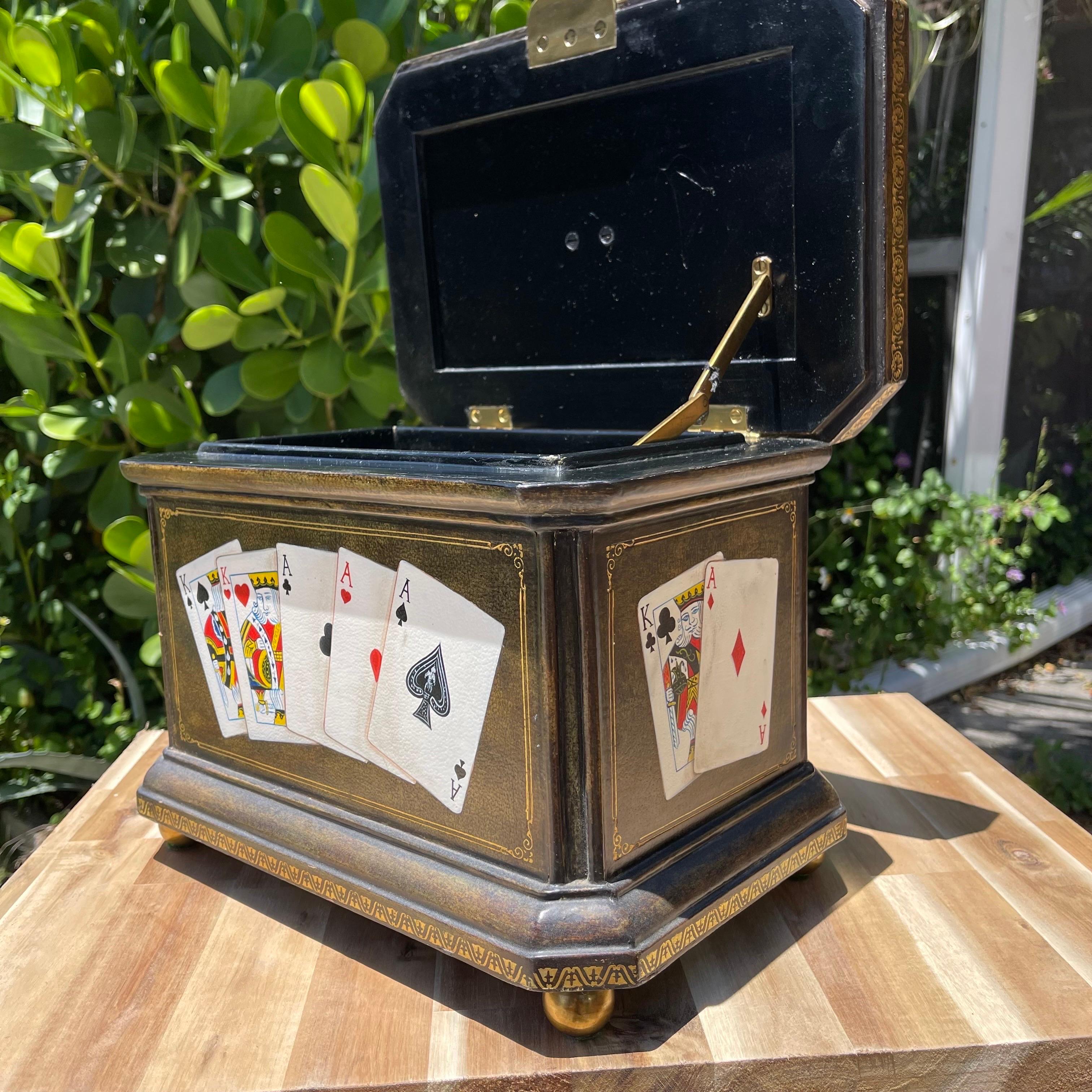 Maitland Smith Tooled Leather Hand Painted Poker Themed Box with Brass Accents For Sale 4