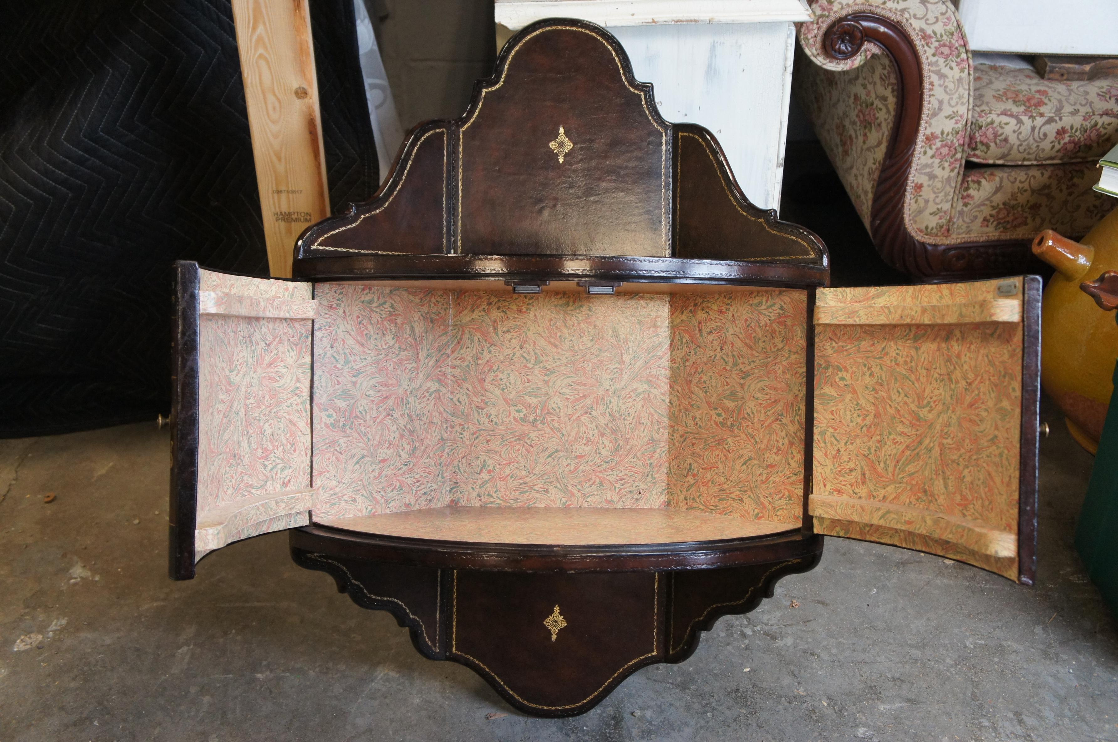 Late 20th Century Maitland Smith Tooled Leather Library Books Hanging Corner Shelf Cabinet