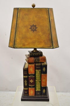 Maitland Smith Tooled Leather Stacked Book Table Lamp with Shade