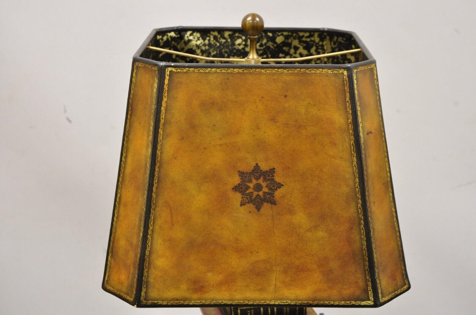 Hollywood Regency Maitland Smith Tooled Leather Stacked Book Table Lamp with Shade
