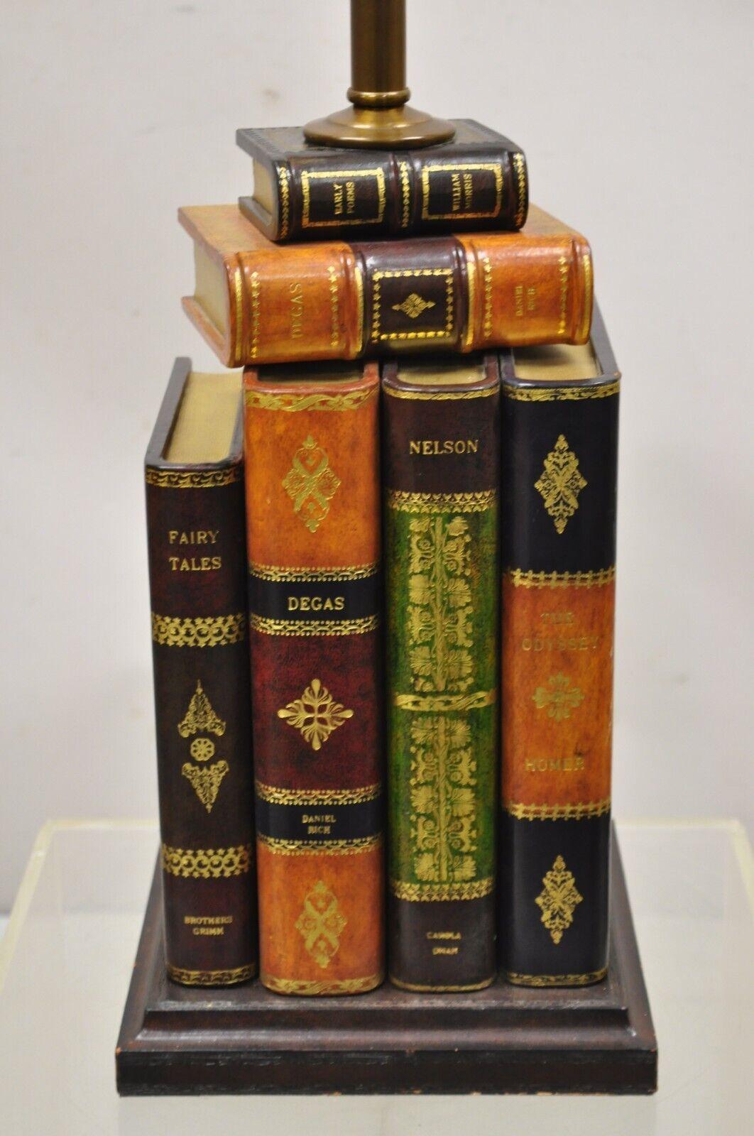 Maitland Smith Tooled Leather Stacked Book Table Lamp with Shade In Good Condition In Philadelphia, PA
