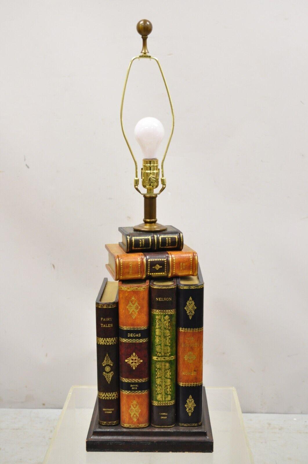 Metal Maitland Smith Tooled Leather Stacked Book Table Lamp with Shade