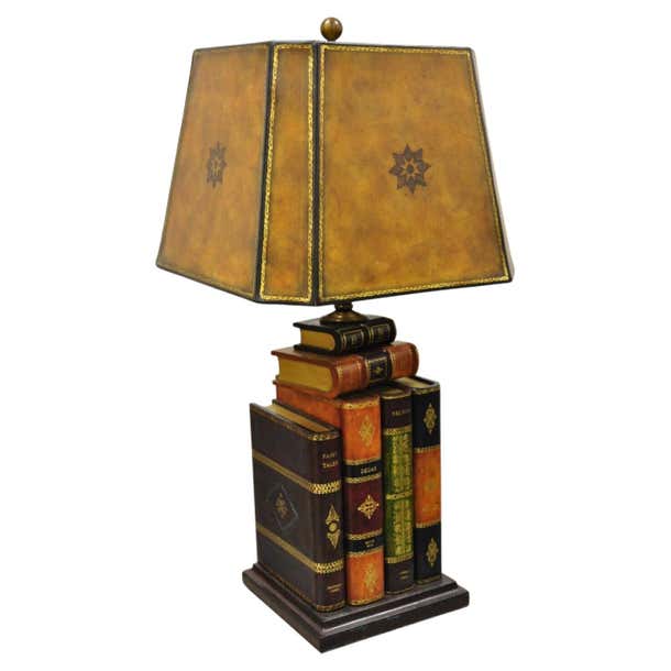 Maitland Smith Tooled Leather Stacked Book Table Lamp with Shade at 1stDibs