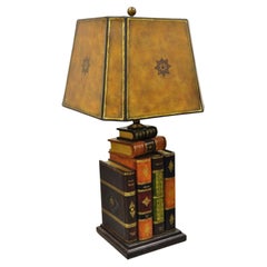 Maitland Smith Tooled Leather Stacked Book Table Lamp with Shade