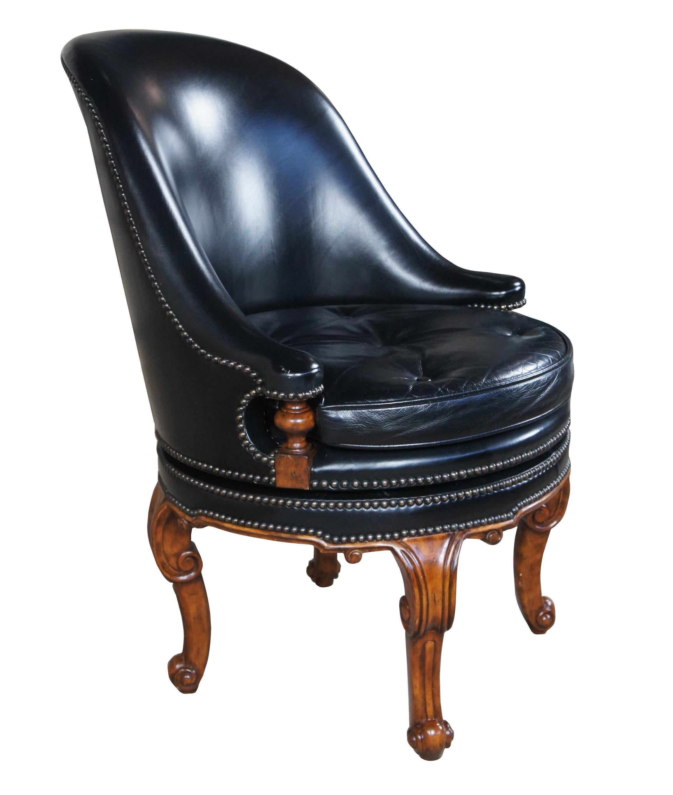 Modern Maitland Smith Traditional Black Leather Spoon Back Swivel Game Desk Chair 4330