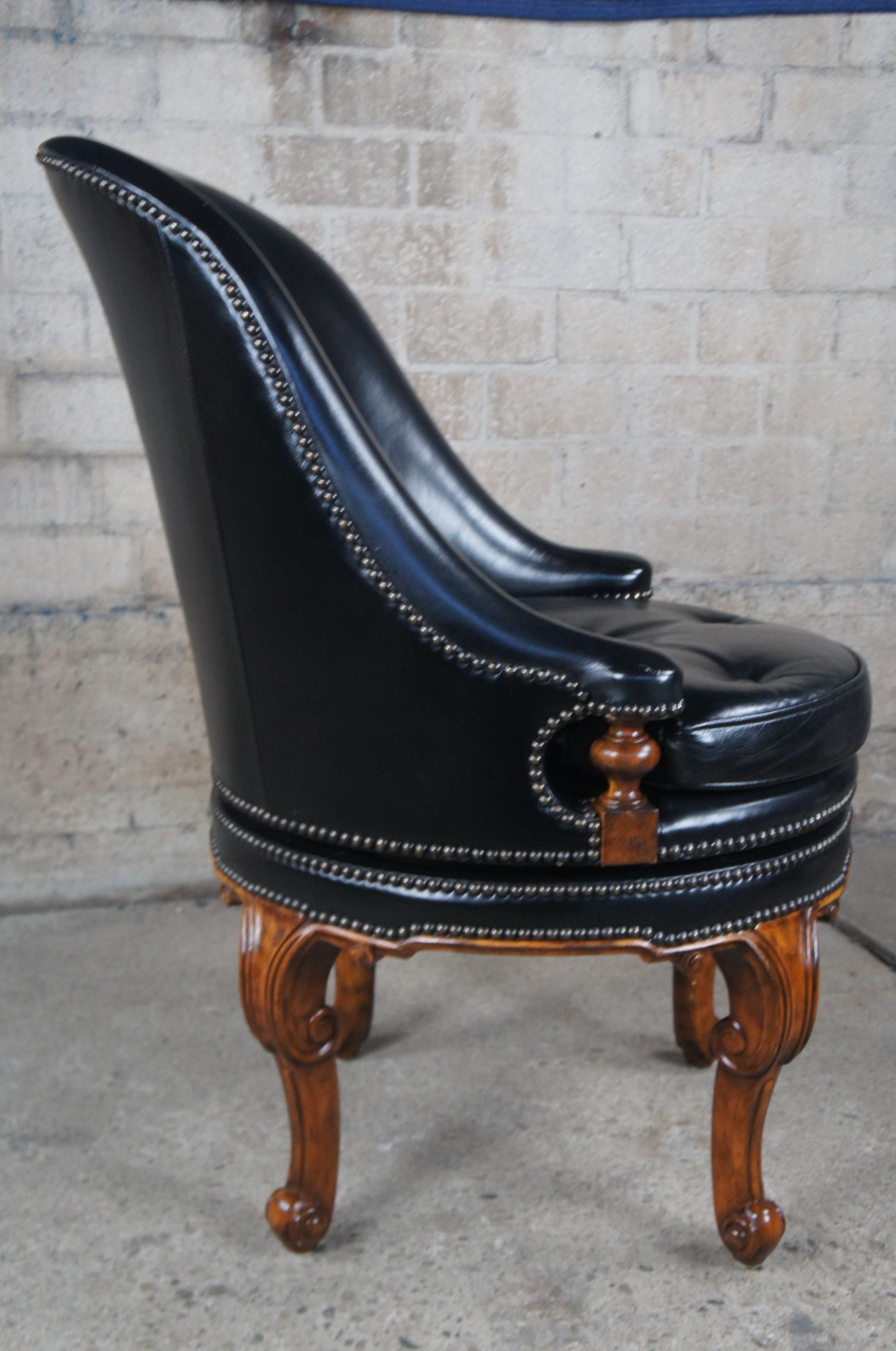 Maitland Smith Traditional Black Leather Spoon Back Swivel Game Desk Chair 4330 In Good Condition In Dayton, OH