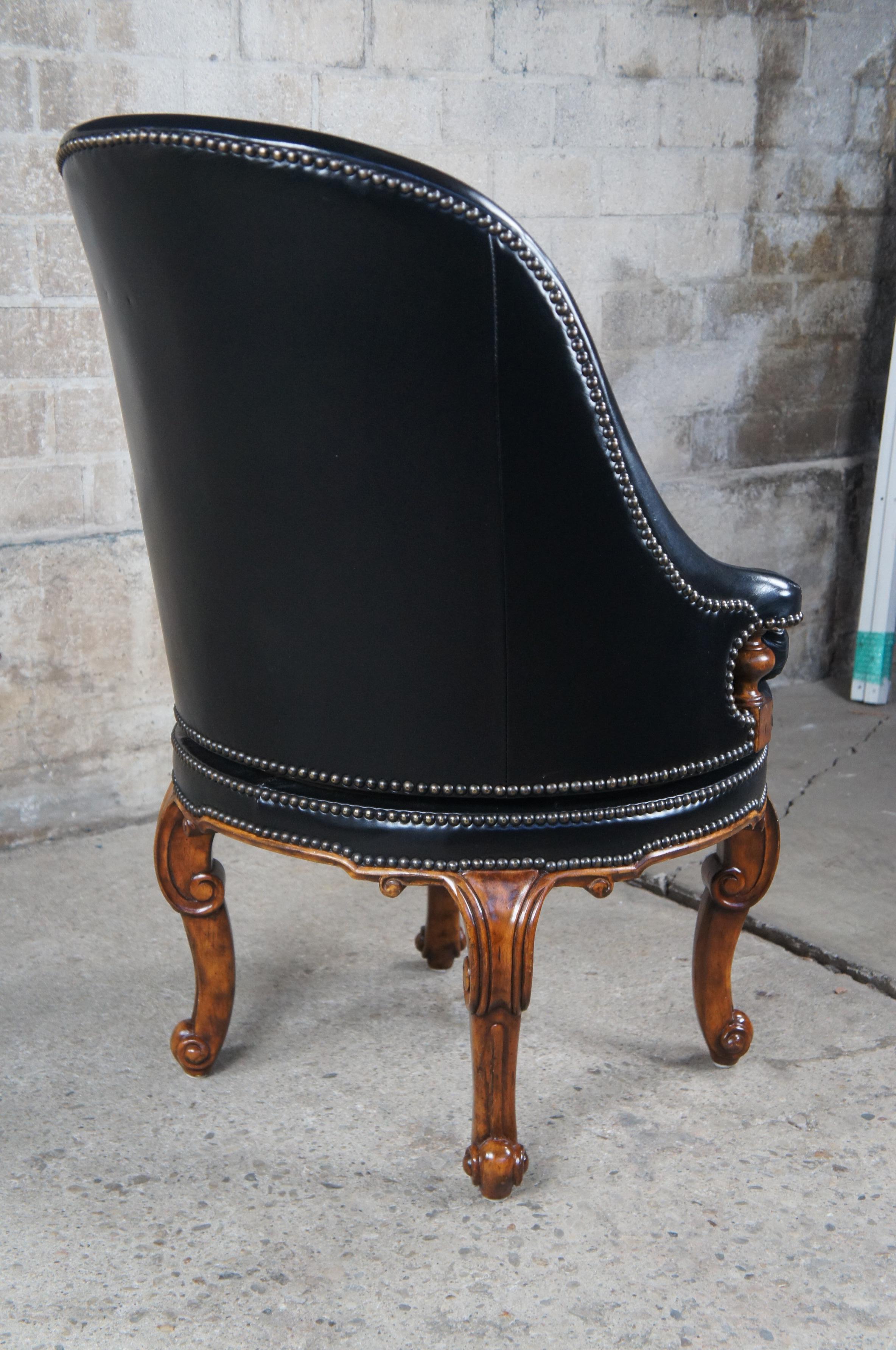 20th Century Maitland Smith Traditional Black Leather Spoon Back Swivel Game Desk Chair 4330