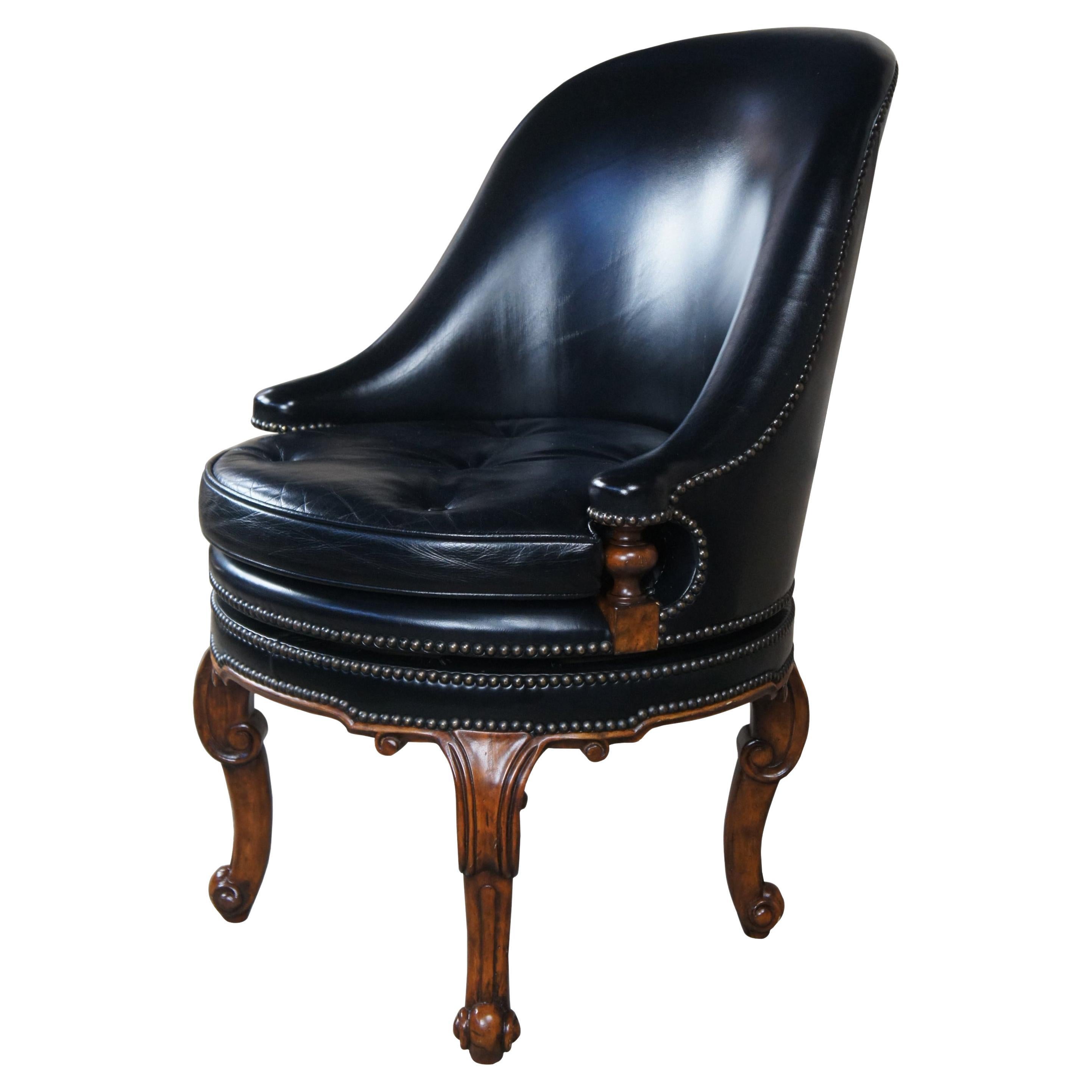 Maitland Smith Traditional Black Leather Spoon Back Swivel Game Desk Chair 4330