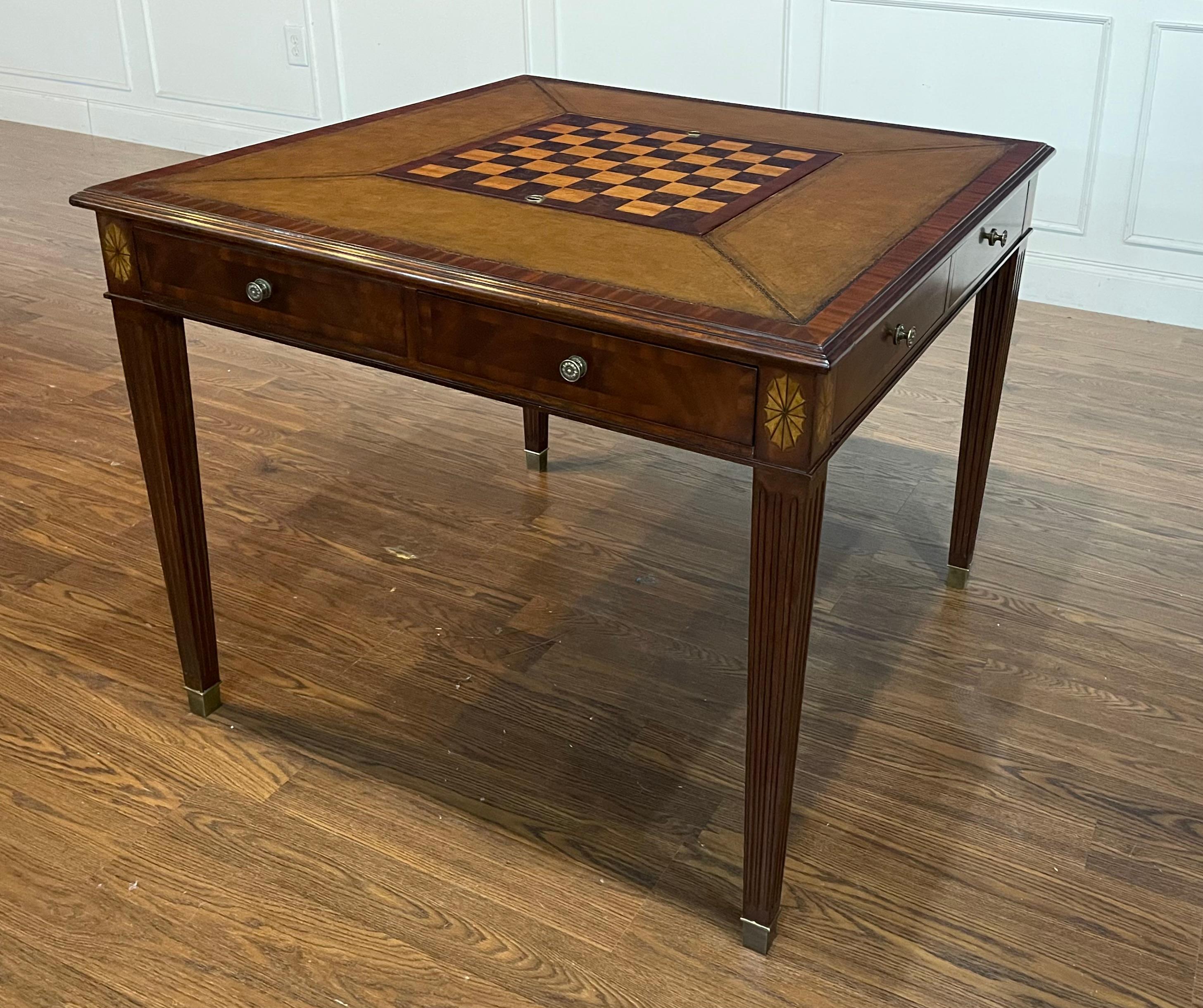 This is the English Classics traditional mahogany game table by Maitland Smith.  It is a showroom sample. It is 1-2 years old year and in very good condition. It features crotch mahogany drawer fronts, solid brass pulls, antique brown leather top,