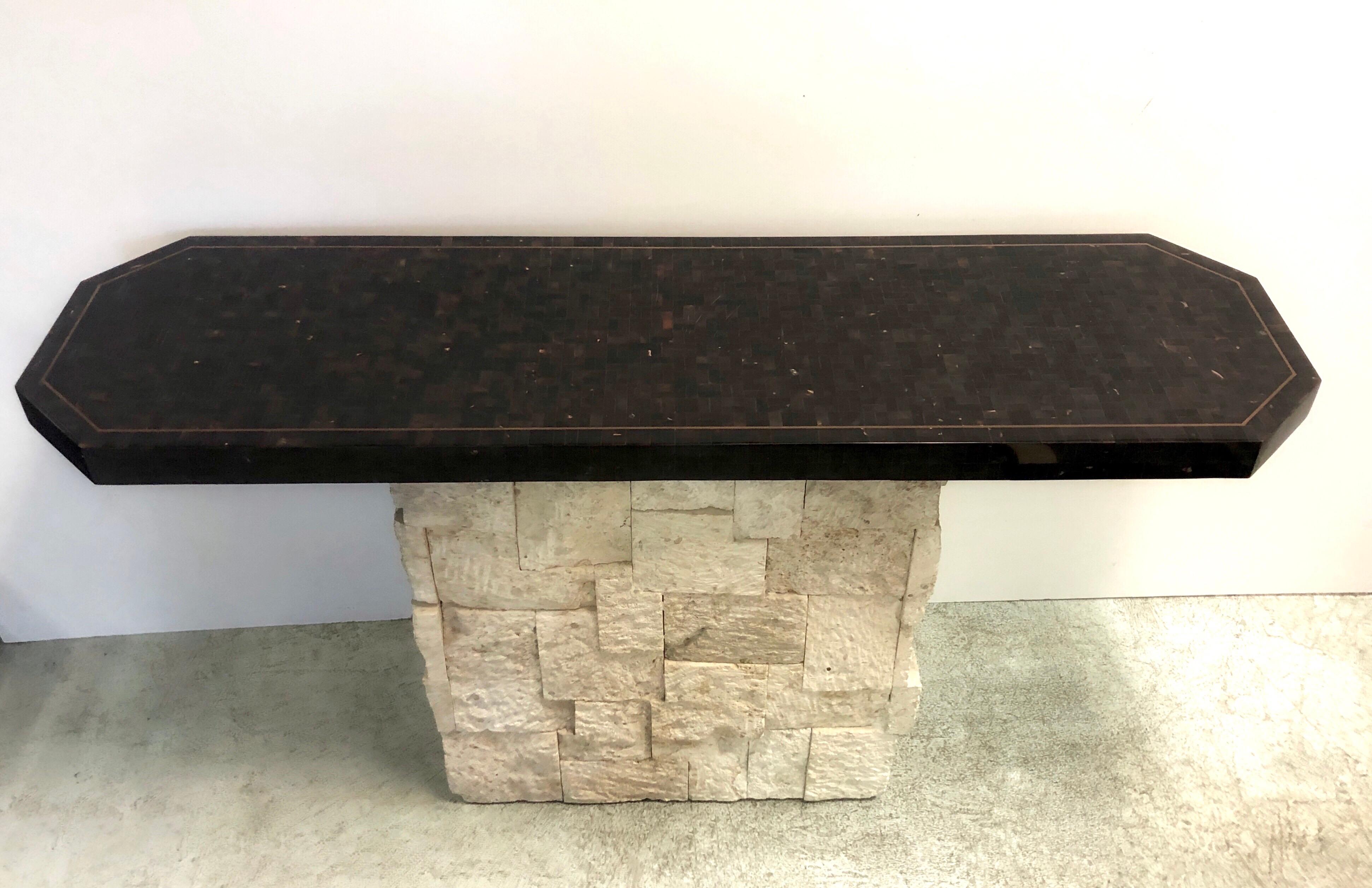 Philippine Maitland Smith Travertine and Faux Tortoise Console Table