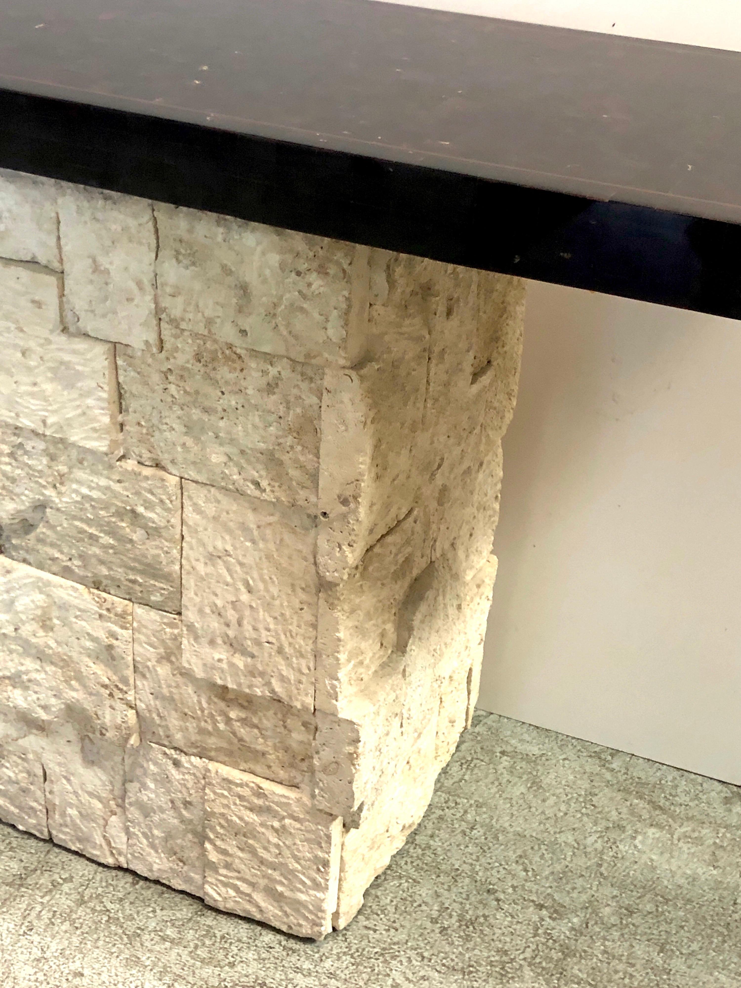 Maitland Smith Travertine and Faux Tortoise Console Table In Good Condition In Miami, FL