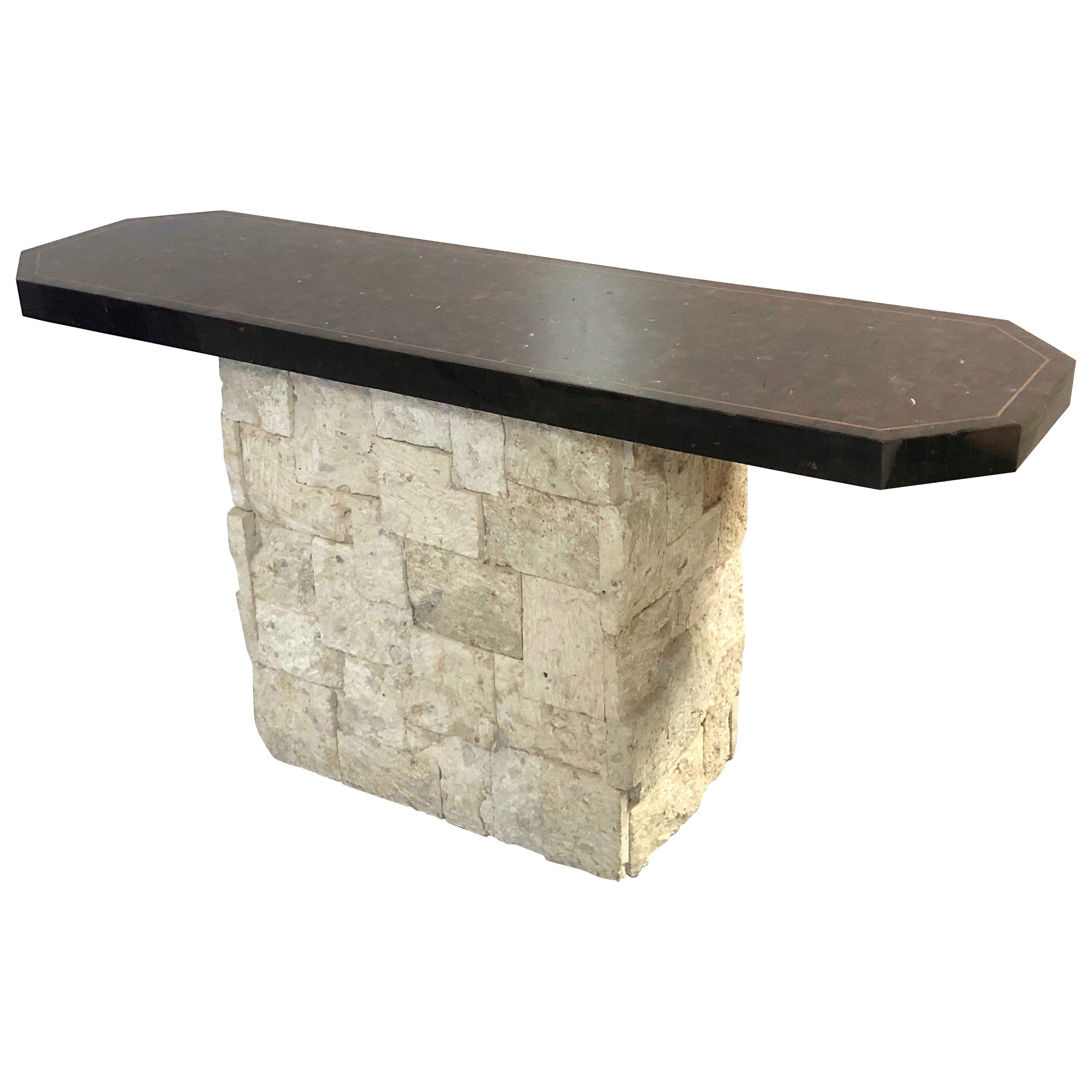 Maitland Smith Travertine and Faux Tortoise Console Table