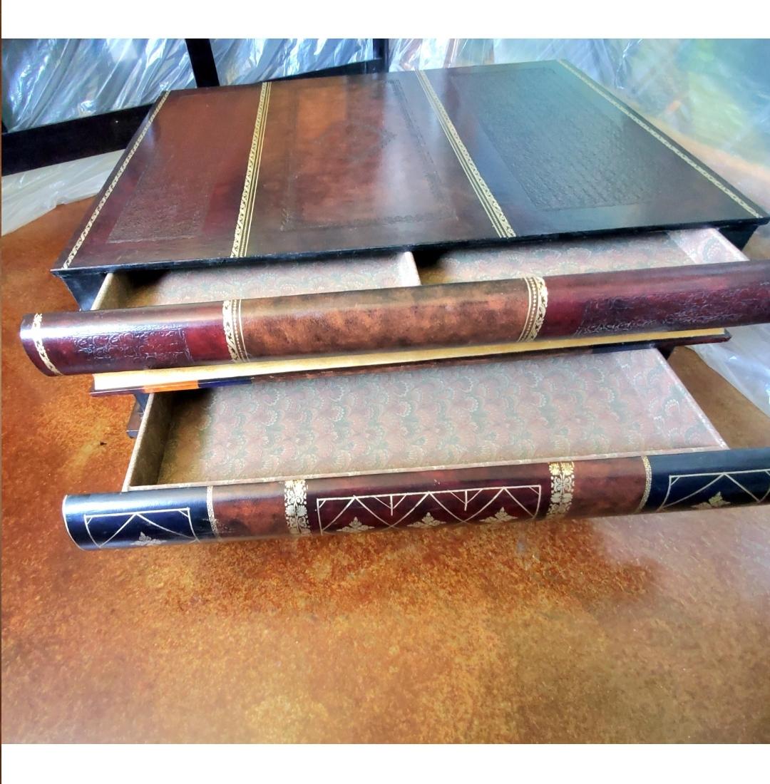 Romantic Maitland-Smith Trompe L'oeil Stacked Books Wood and Leather Three-Drawer table