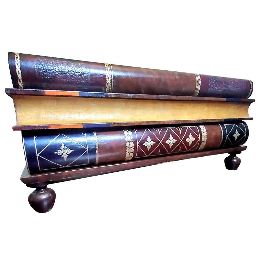 Maitland-Smith Trompe L'oeil Stacked Books Wood and Leather Three-Drawer table