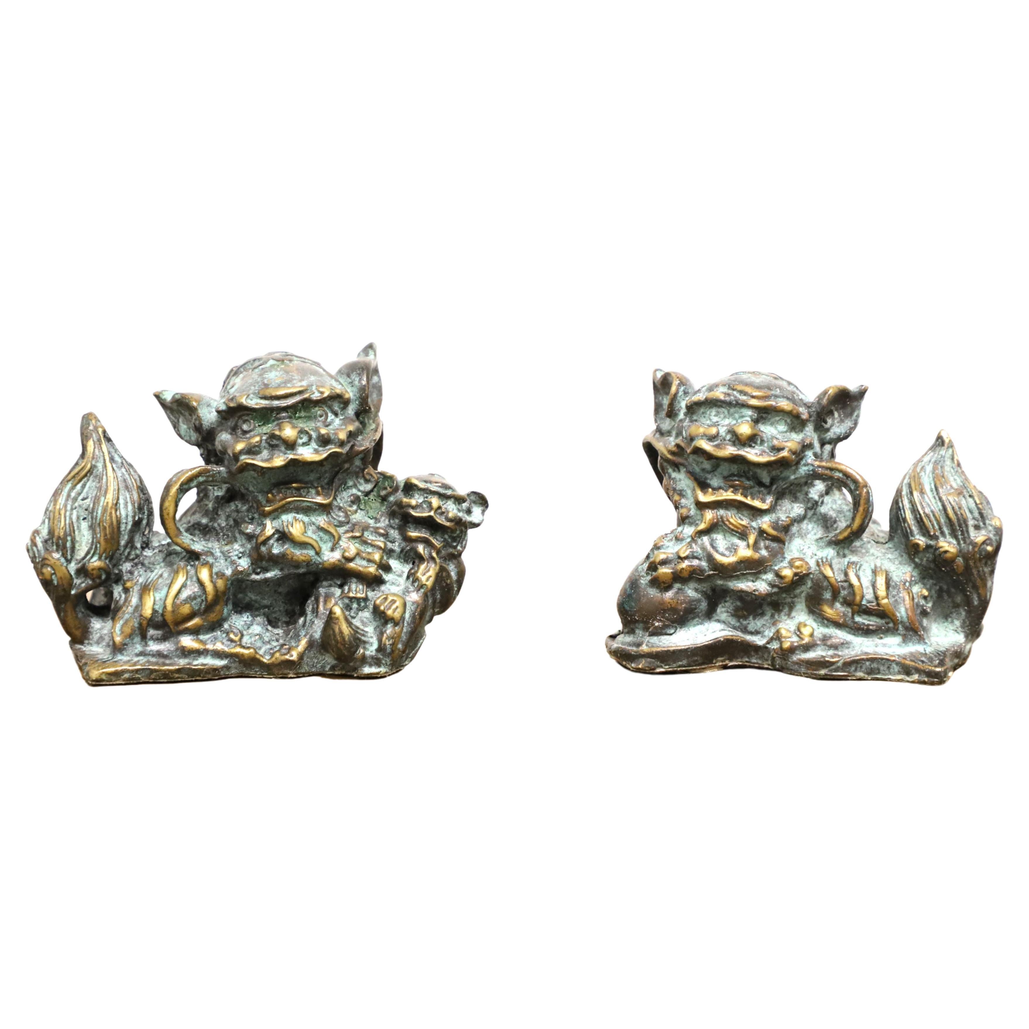 MAITLAND SMITH Verdigris Brass Foo Dogs / Guardian Lions - Pair For Sale