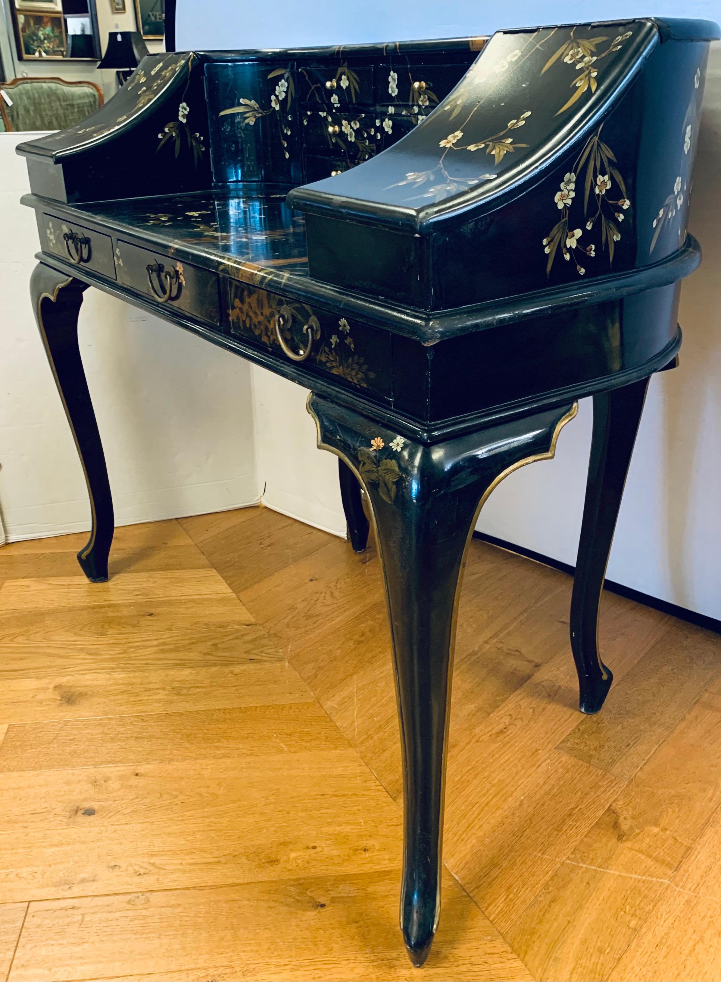 Maitland Smith Vintage Chinoiserie Carlton Desk Writing Table Black Lacquer In Good Condition In West Hartford, CT