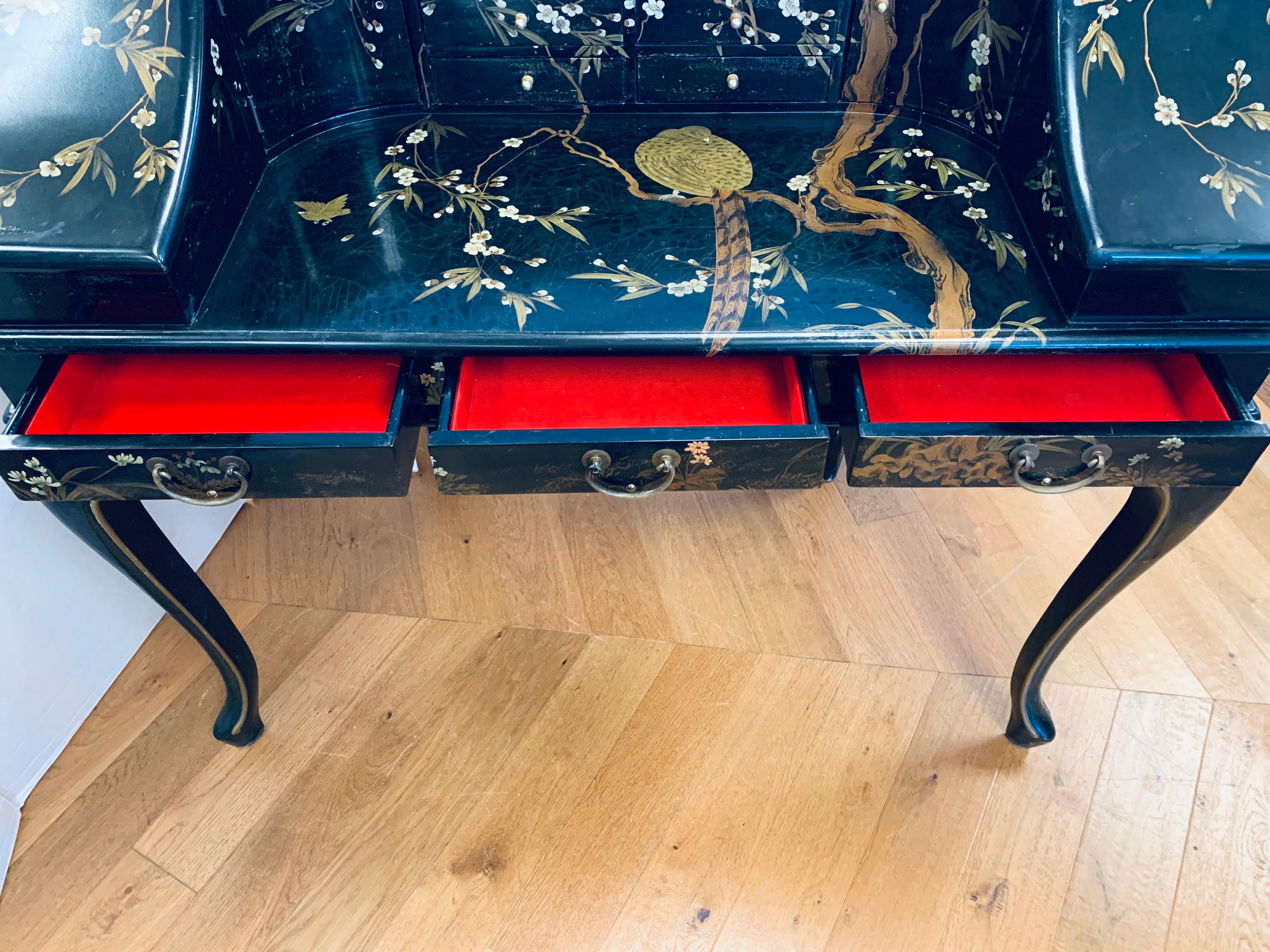 Late 20th Century Maitland Smith Vintage Chinoiserie Carlton Desk Writing Table Black Lacquer