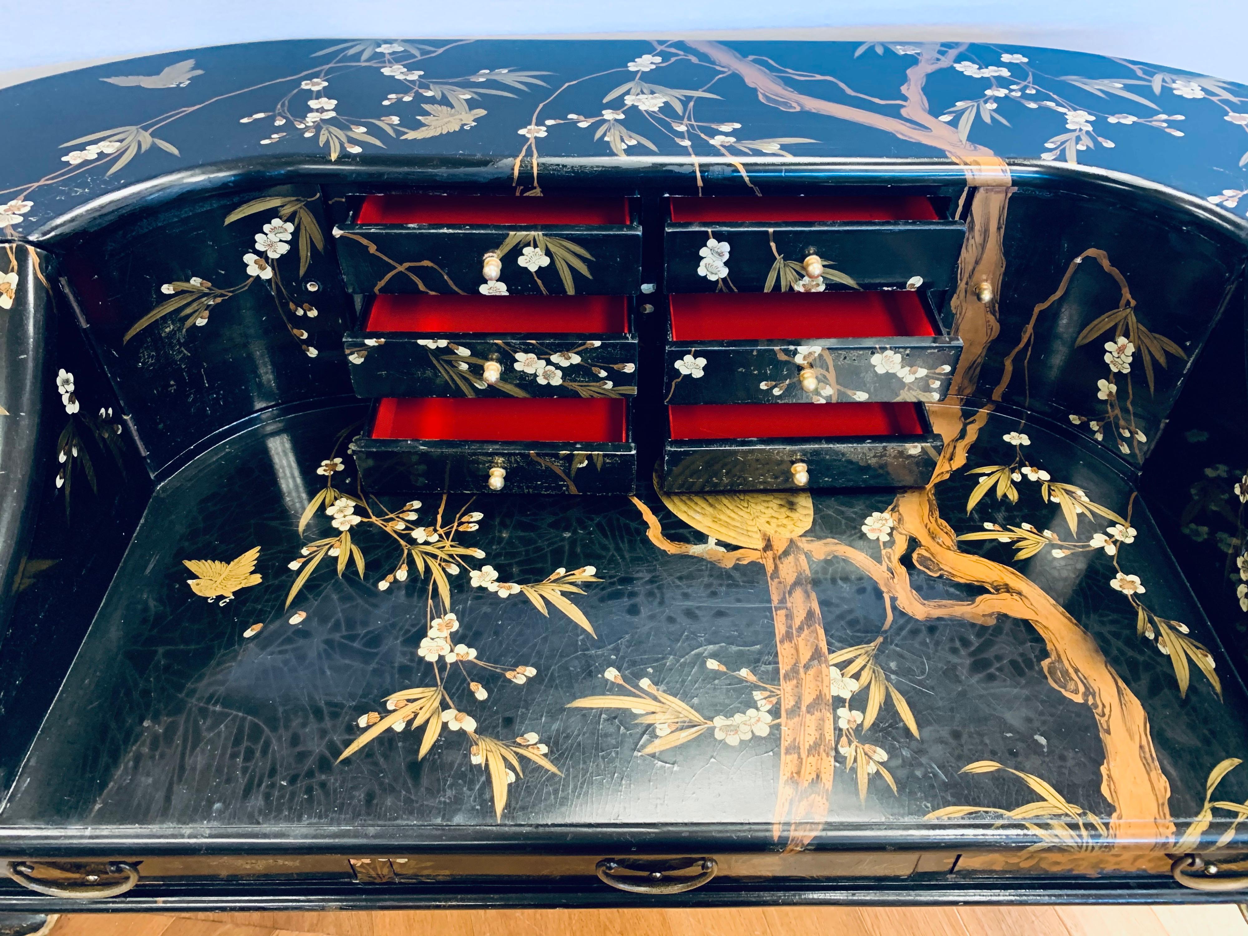 Wood Maitland Smith Vintage Chinoiserie Carlton Desk Writing Table Black Lacquer