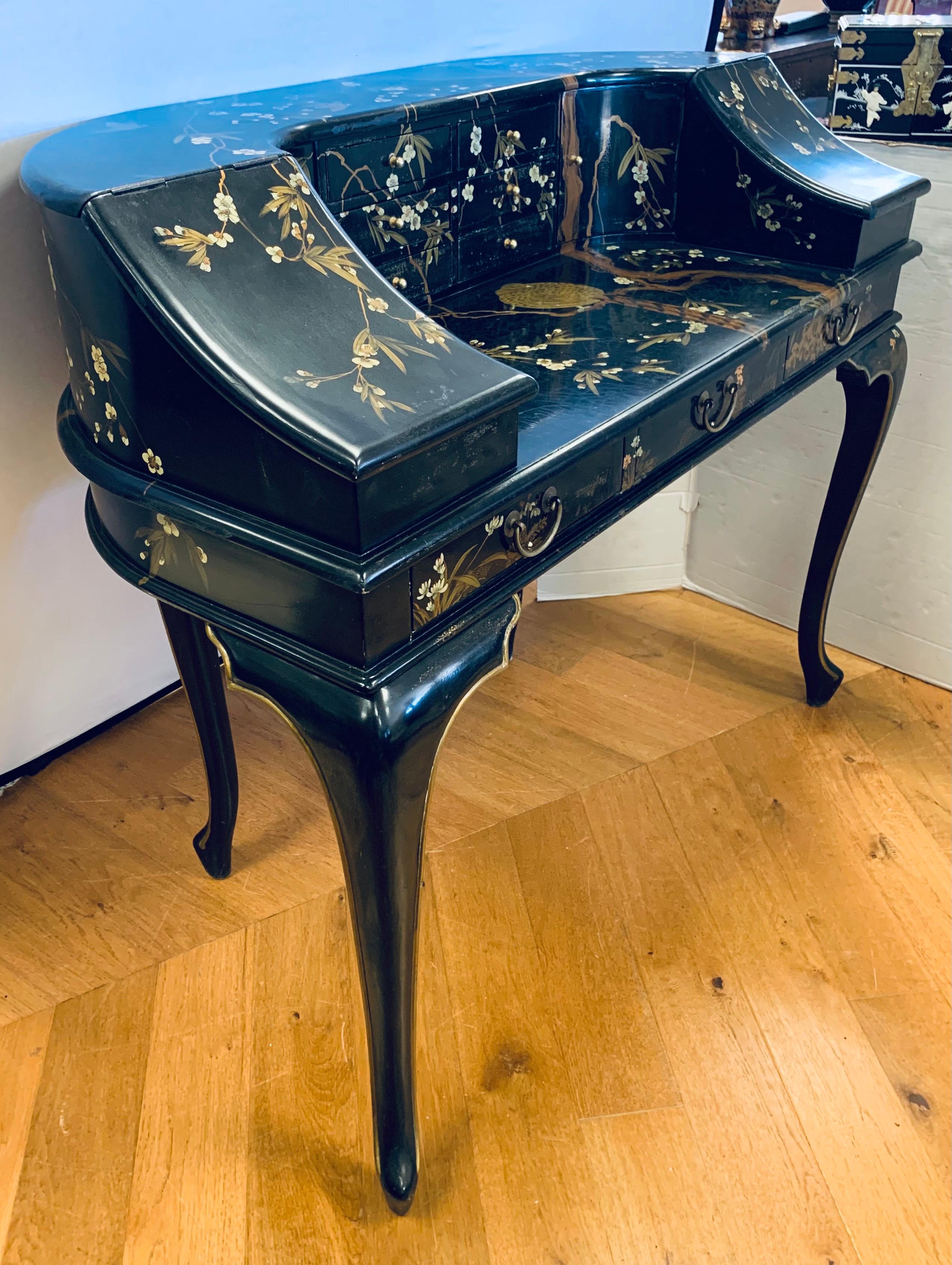 Maitland Smith Vintage Chinoiserie Carlton Desk Writing Table Black Lacquer 2