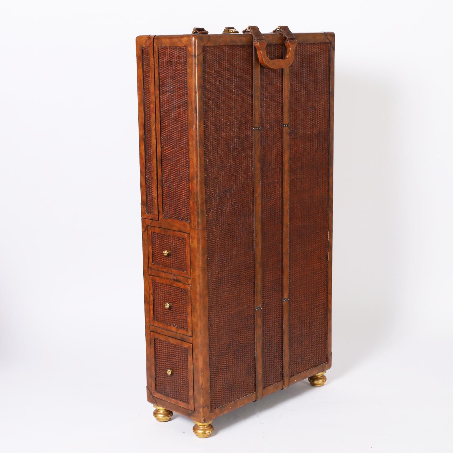 British Colonial Maitland-Smith Vintage Faux Trunk Convertible Foldout Desk